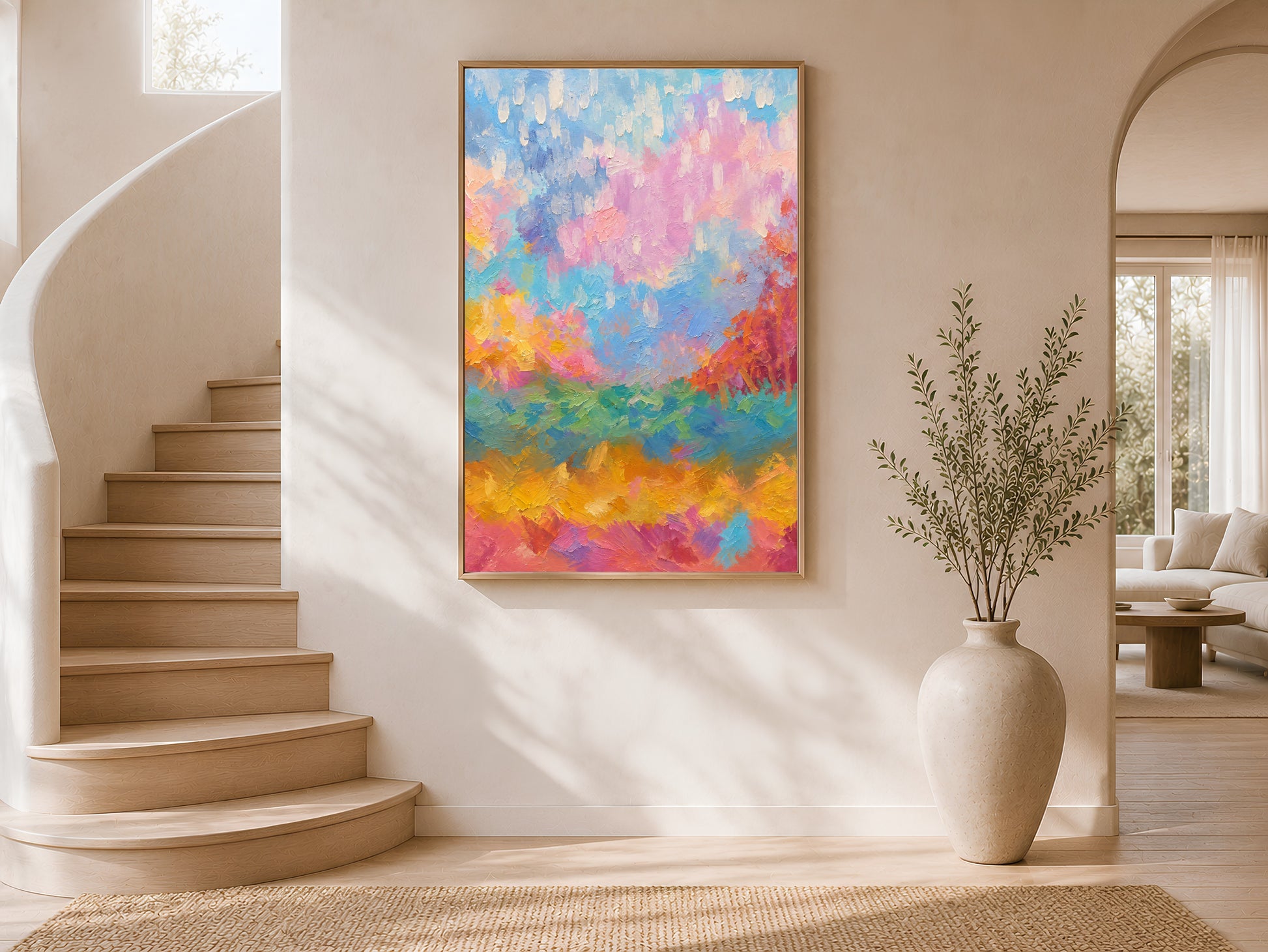 Rainbow abstract landscape wall art framed on curved staircase wall with vase
