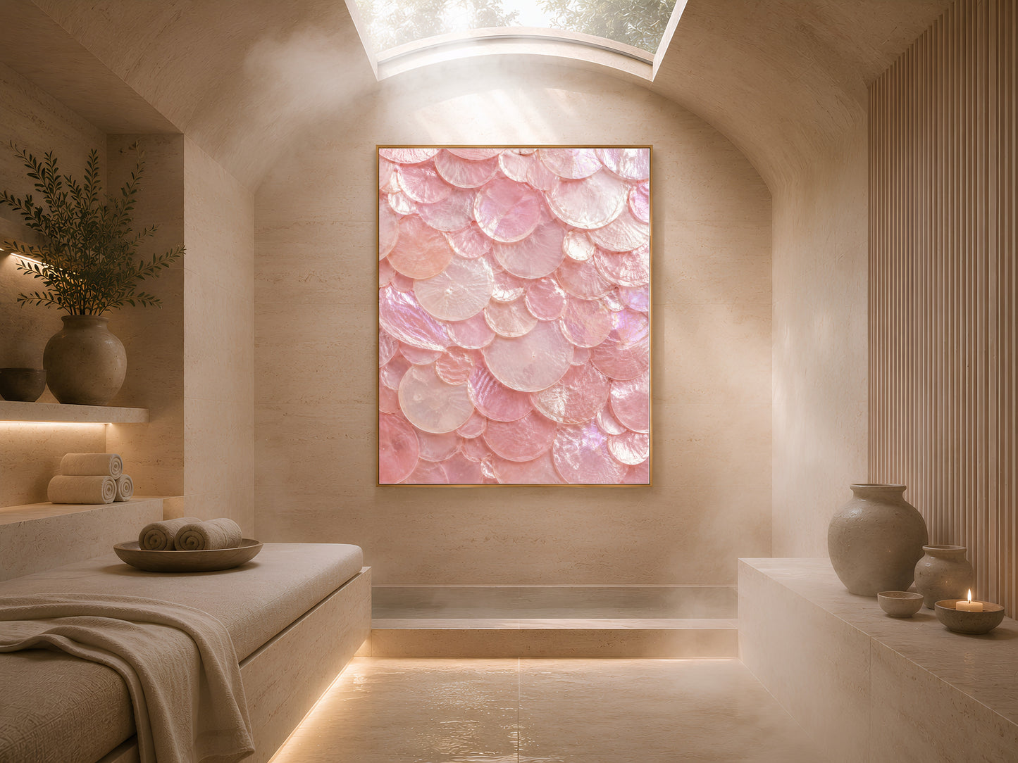 Sunlit bedroom nook with a low bench, soft ambient lighting, and a framed pink shell print on the wall.