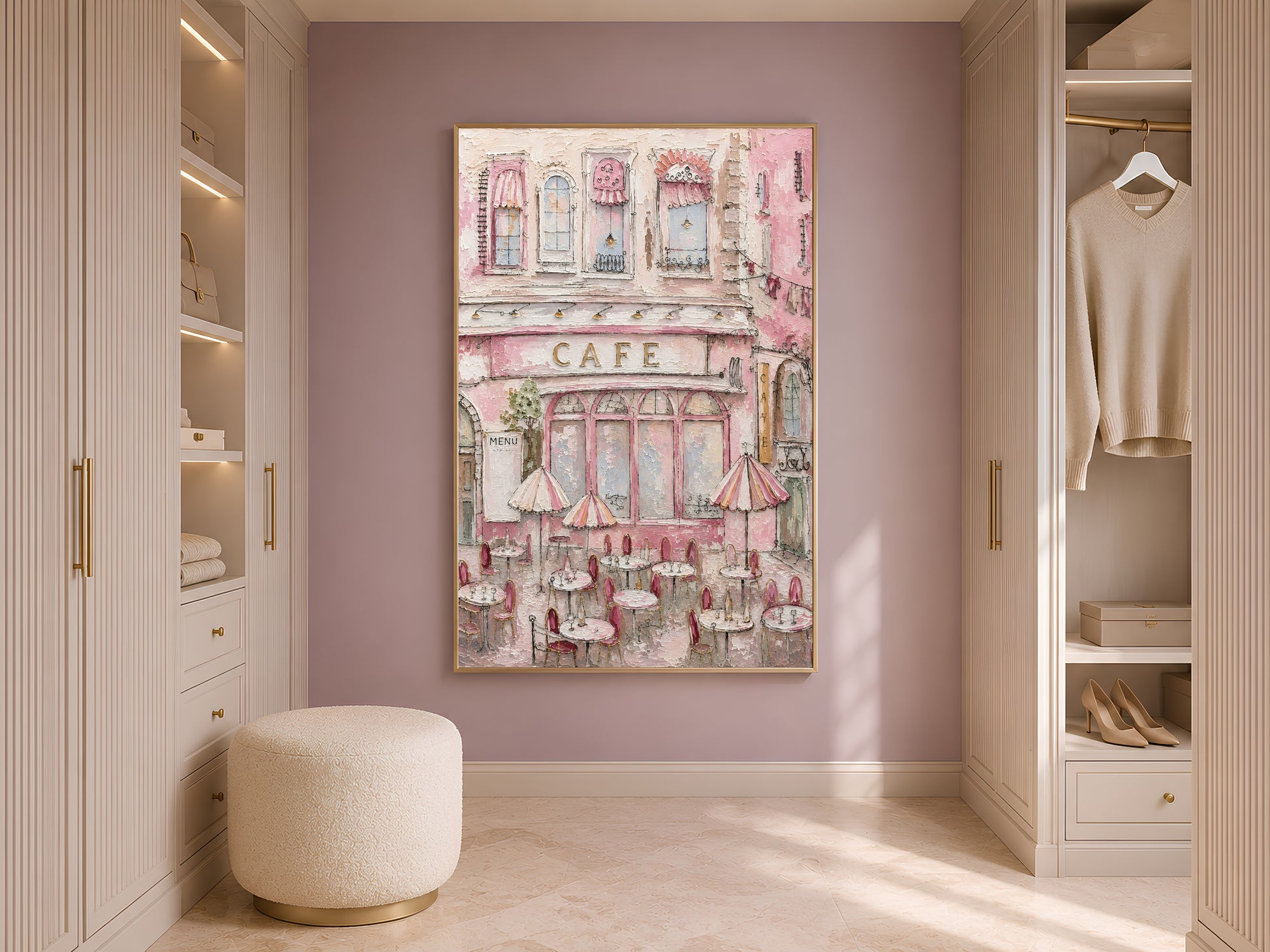 Textured Parisian cafe painting in a gold frame on a closet wall, pink impasto artwork for a neutral walk-in closet
