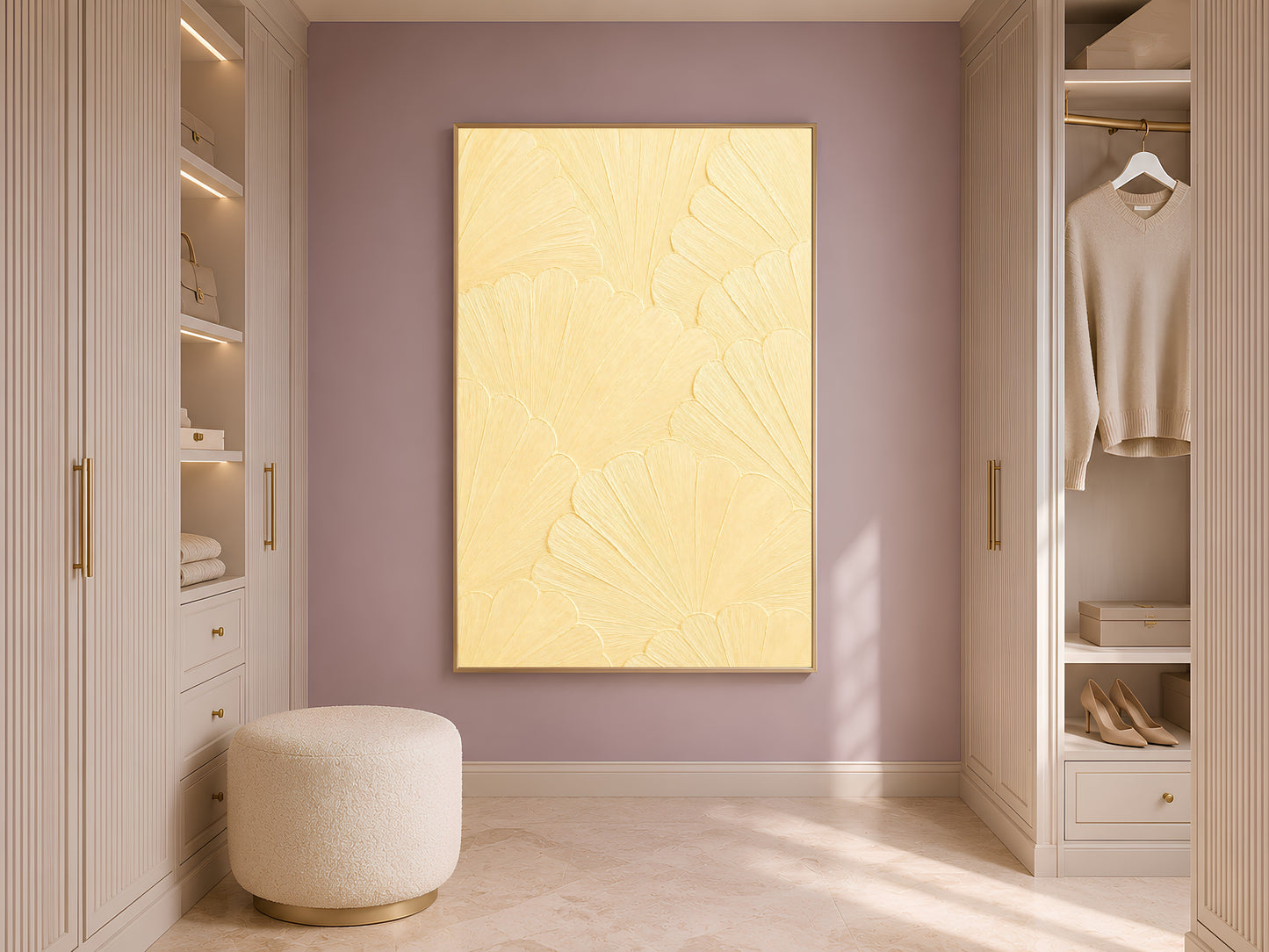 Butter yellow scallop mosaic print displayed in a minimalist walk-in closet with an arched doorway