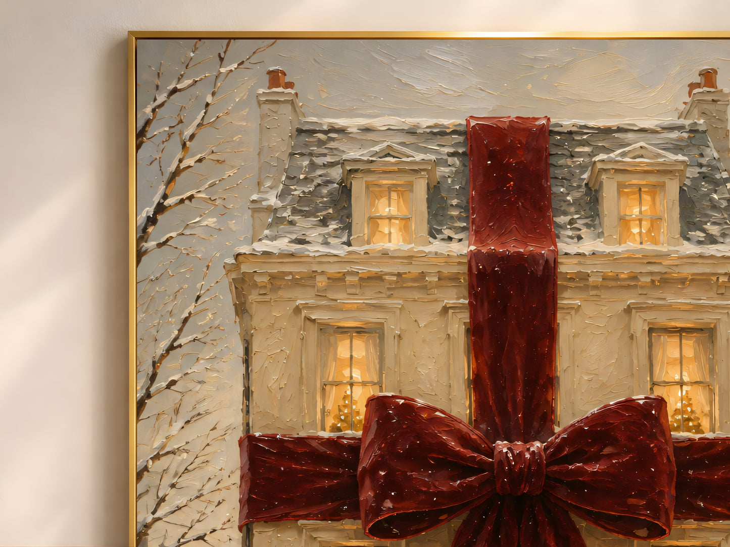 Close-up of the impasto oil painting texture showing the velvet ribbon crossing the snowy townhouse façade with glowing windows