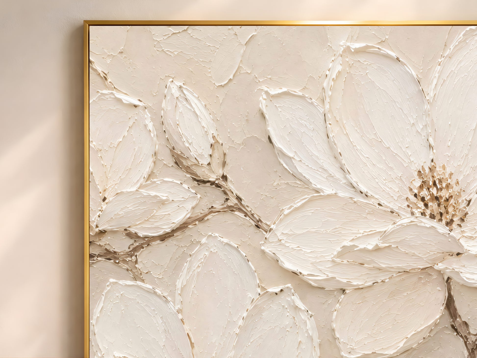 Close-up of ivory magnolia wall art texture, sculpted petal and branch detail
