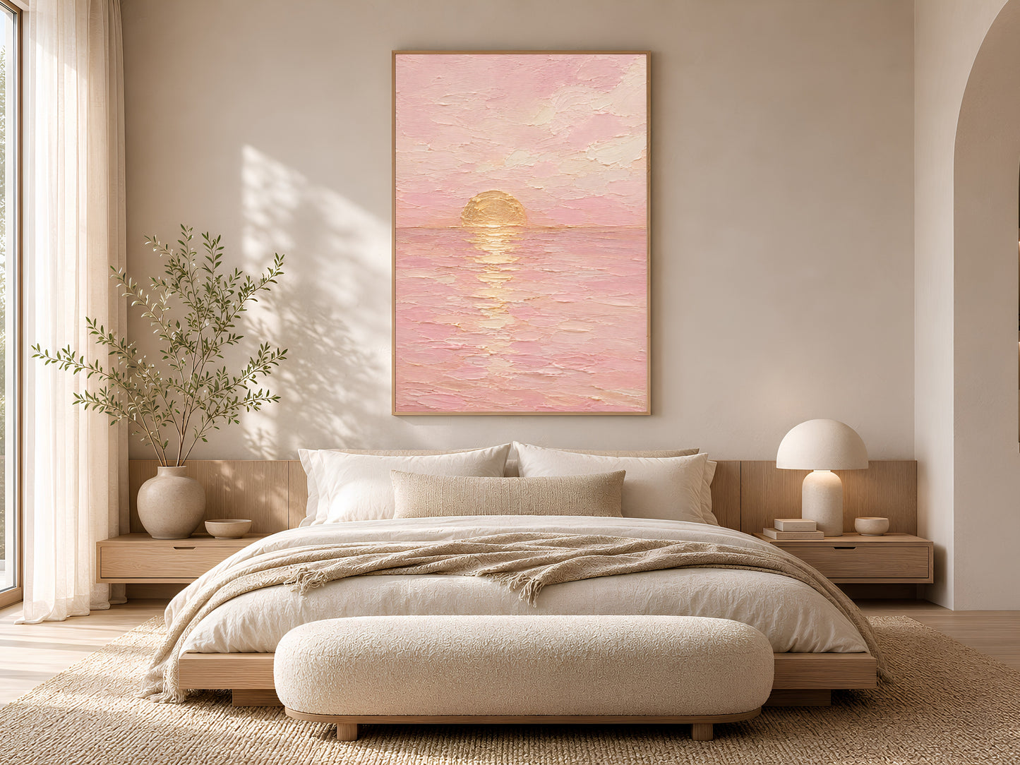 Pink sunset wall art print framed above a bed in a warm neutral bedroom.
