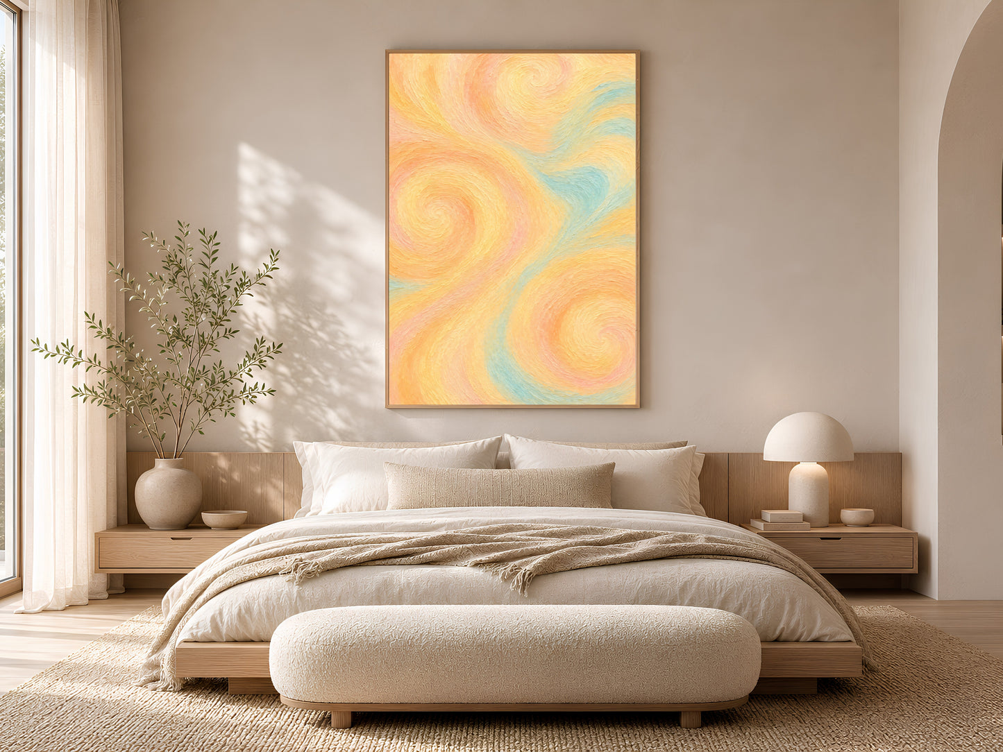 Pastel swirl abstract wall art framed above a neutral bed with linen bedding and a low platform frame in a sunlit bedroom.
