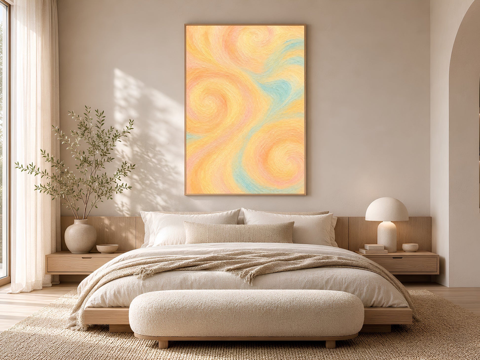 Pastel swirl abstract wall art framed above a neutral bed with linen bedding and a low platform frame in a sunlit bedroom.
