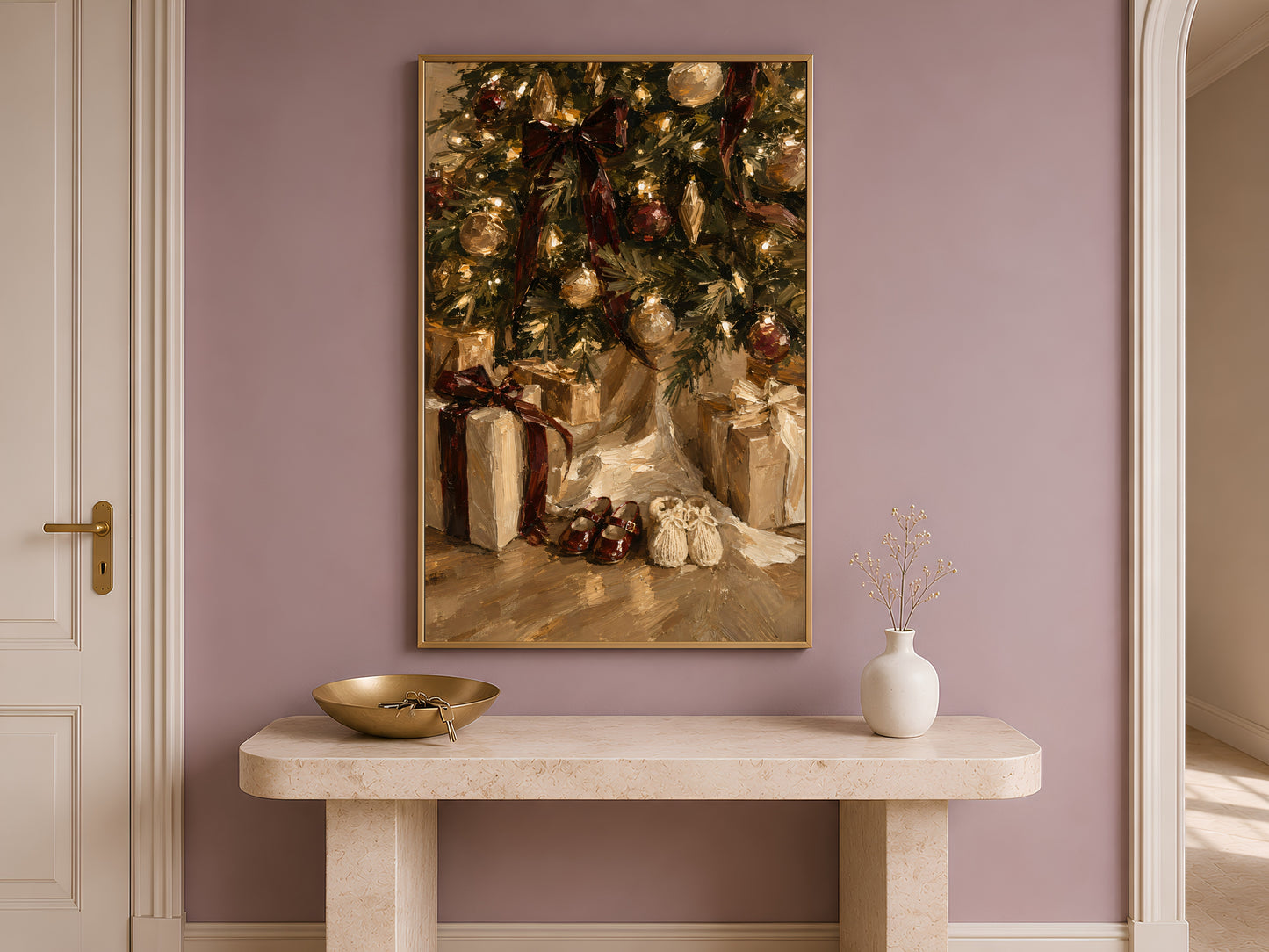 Entryway with the Christmas morning print above a console table, styled with a small bowl and vase