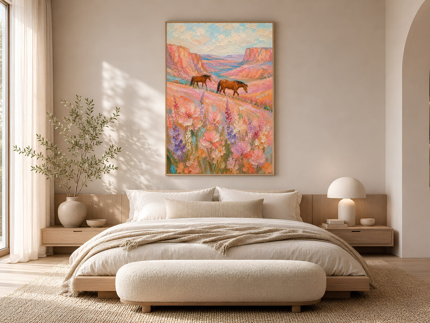 Two chestnut horses walking through a wildflower canyon impasto painting in a gold frame displayed in a warm neutral bedroom with a low platform bed, linen bedding, and soft natural light
