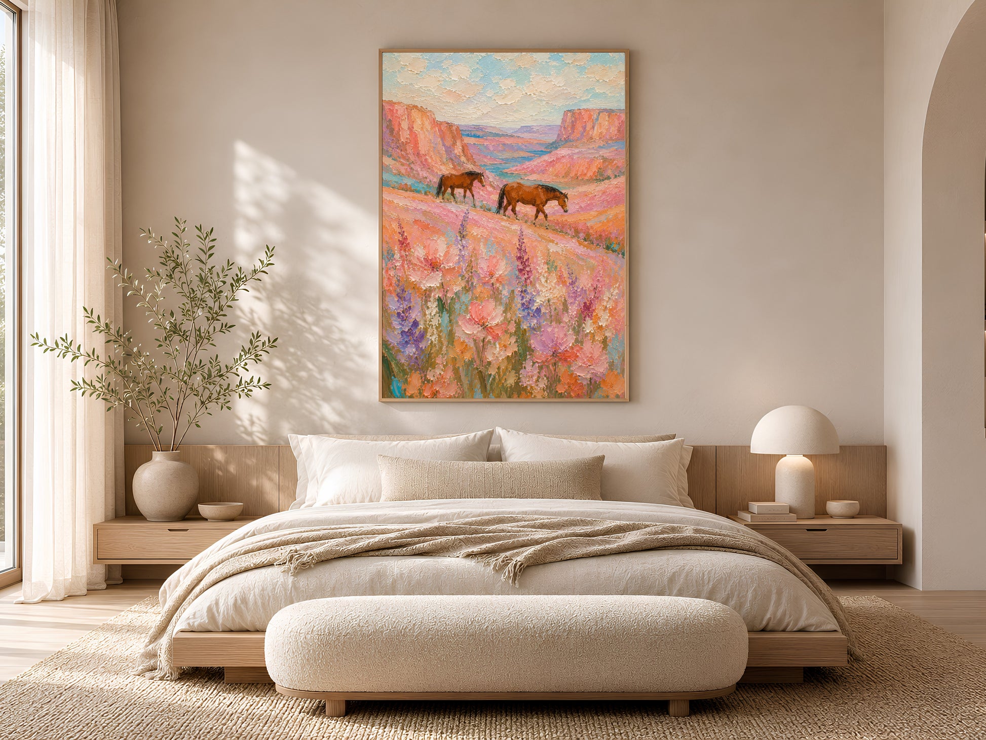 Two chestnut horses walking through a wildflower canyon impasto painting in a gold frame displayed in a warm neutral bedroom with a low platform bed, linen bedding, and soft natural light
