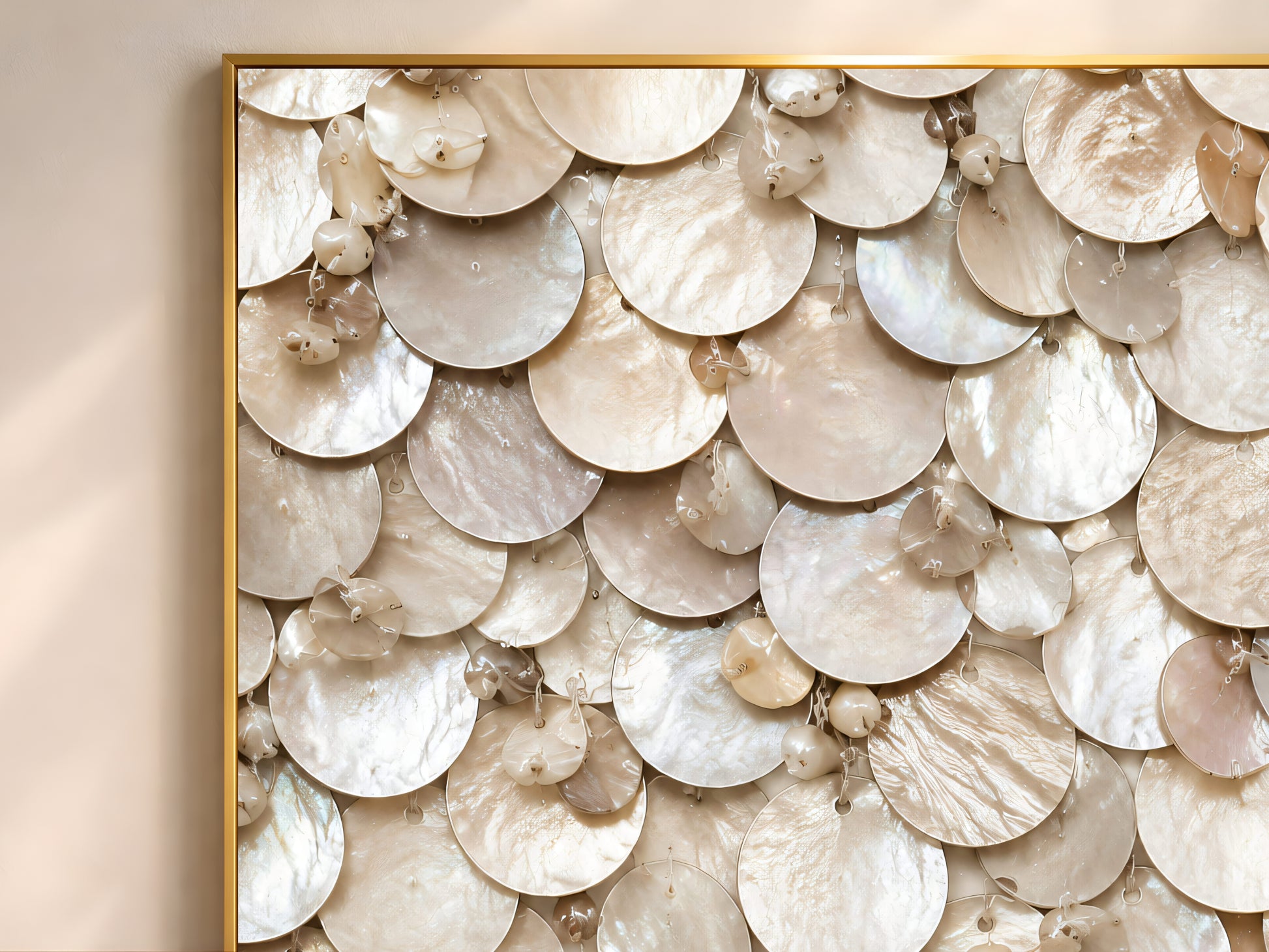 Close-up of champagne pearl mosaic print showing beaded shell clusters and ivory scalloped texture