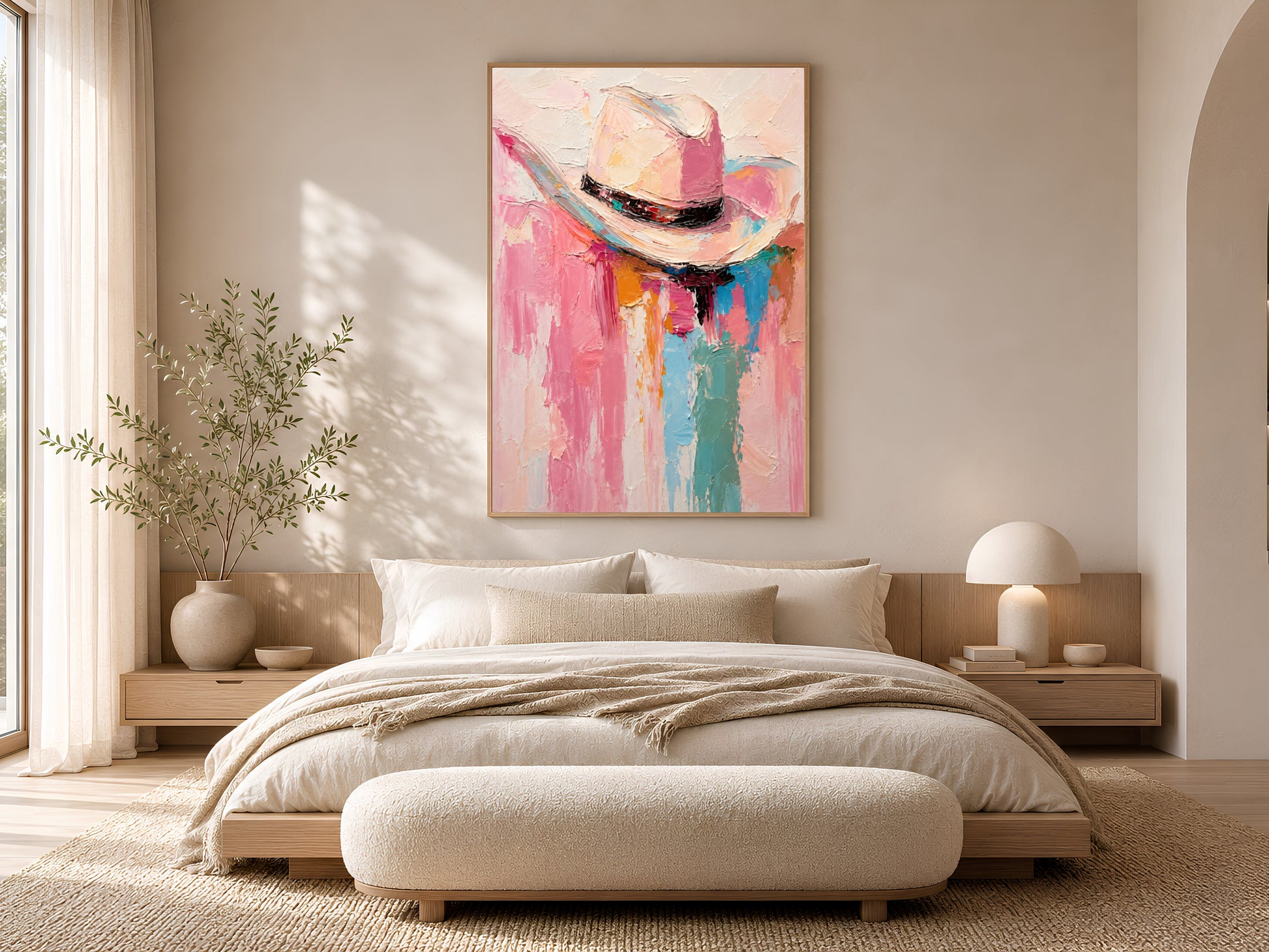 Framed impasto cowgirl hat print on warm beige wall above low platform bed in neutral minimal bedroom
