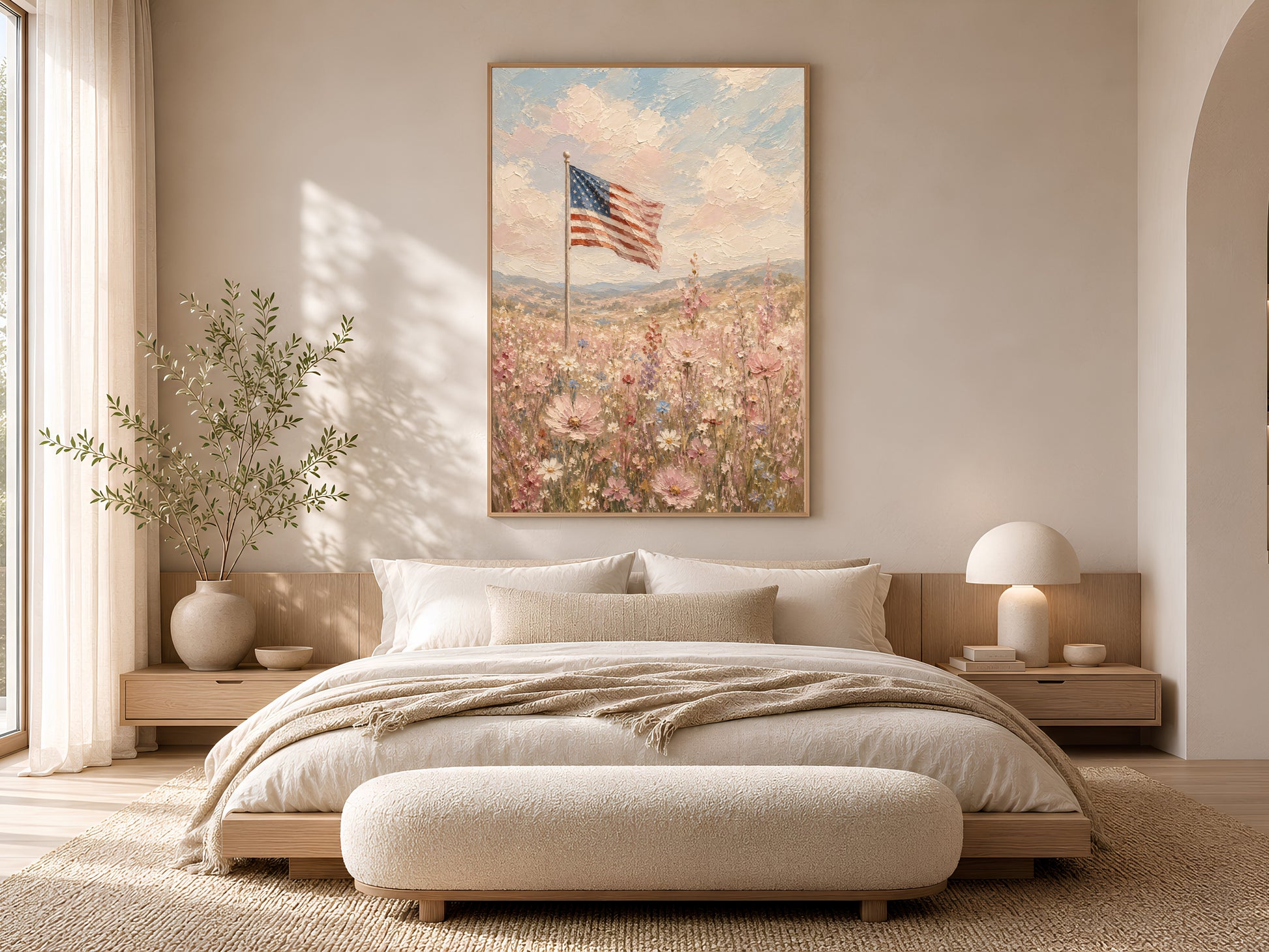 American flag wildflower field impasto painting in a gold frame displayed in a warm neutral bedroom with a low platform bed, linen bedding, bedside lamp, and soft natural light
