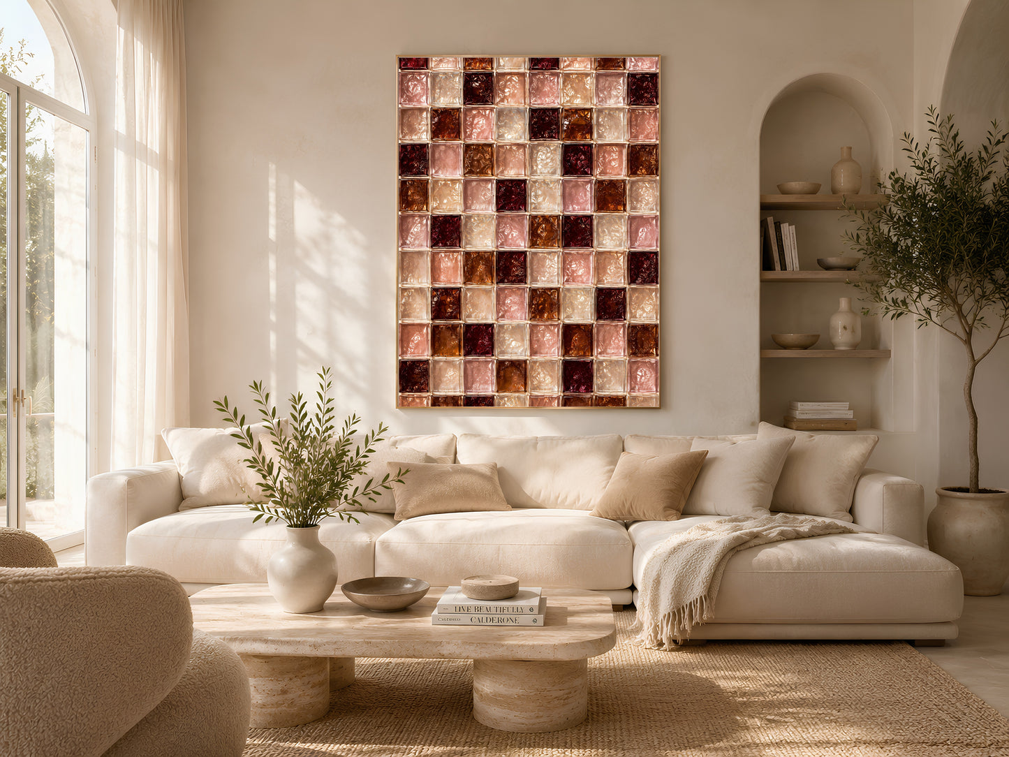 Blush pink checkerboard tile art framed above a cream sofa in a sunlit living room
