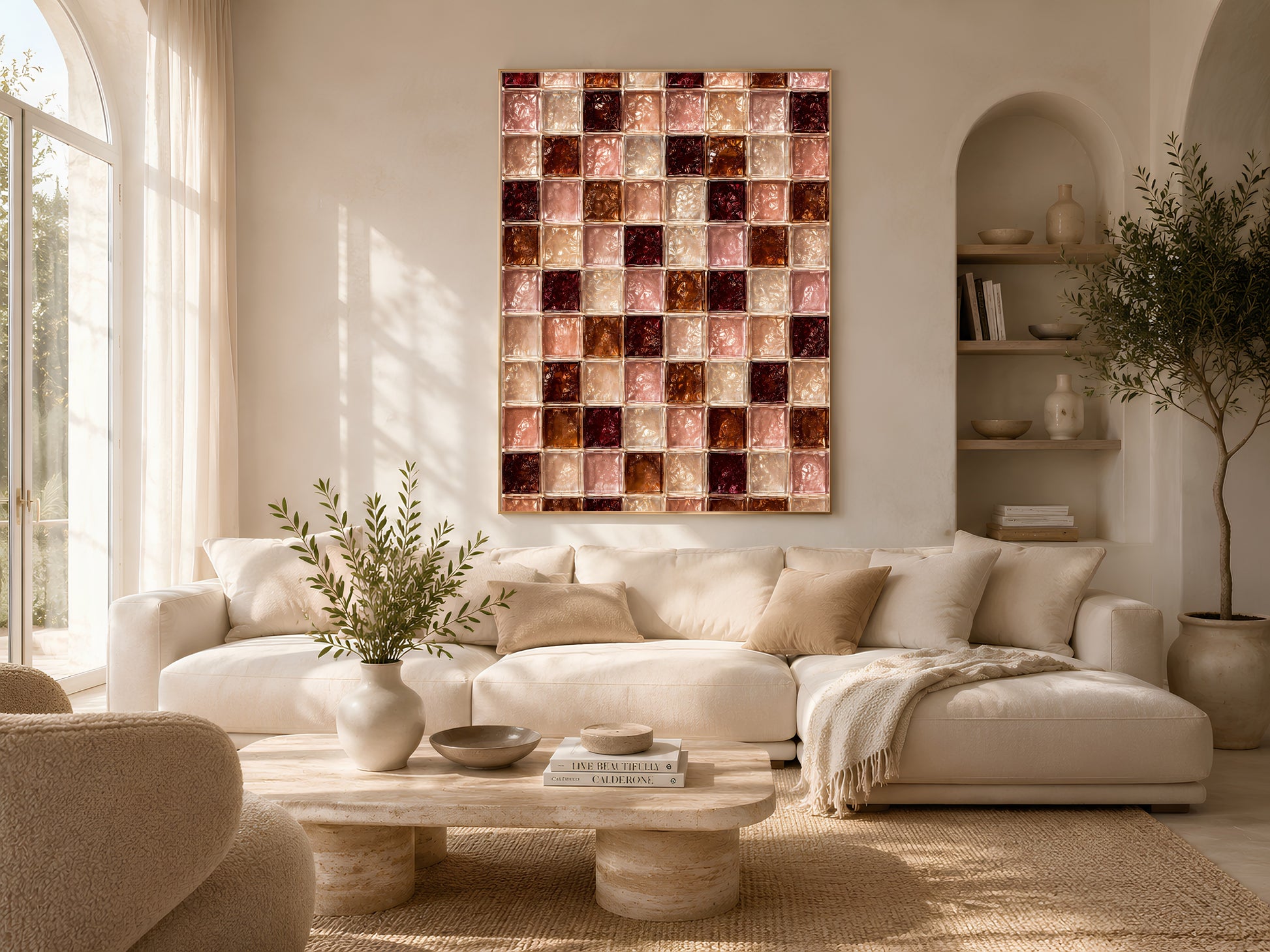 Blush pink checkerboard tile art framed above a cream sofa in a sunlit living room