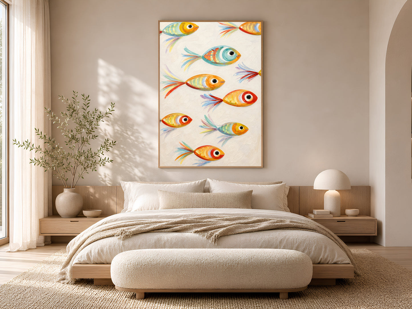 Framed impasto whimsical fish print on warm beige wall above low platform bed in neutral minimal bedroom with cream bedding
