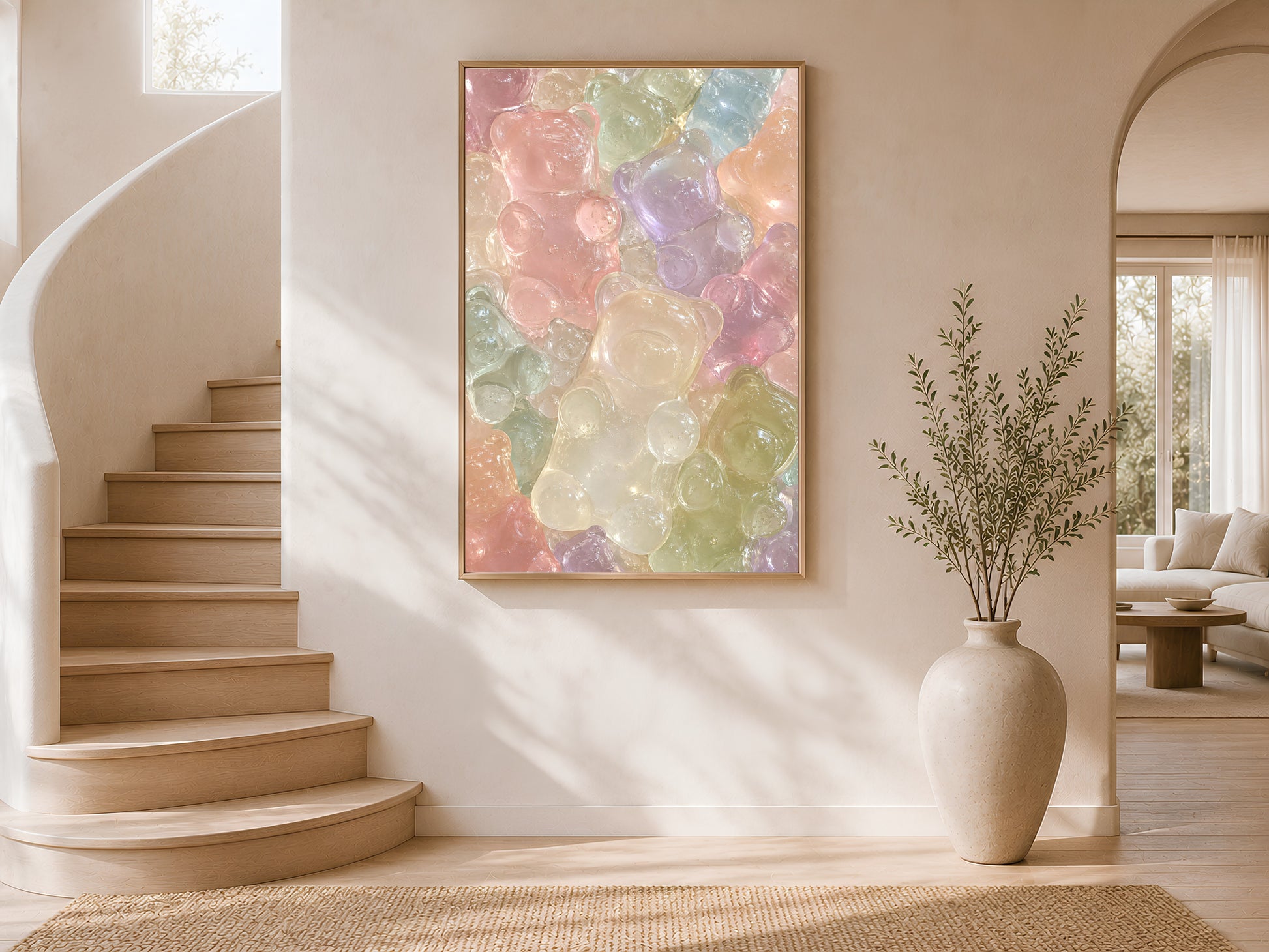 Pink Glass Bear Wall Art in Staircase Entryway, Luxury Pastel Printable Artwork for Coastal Homes