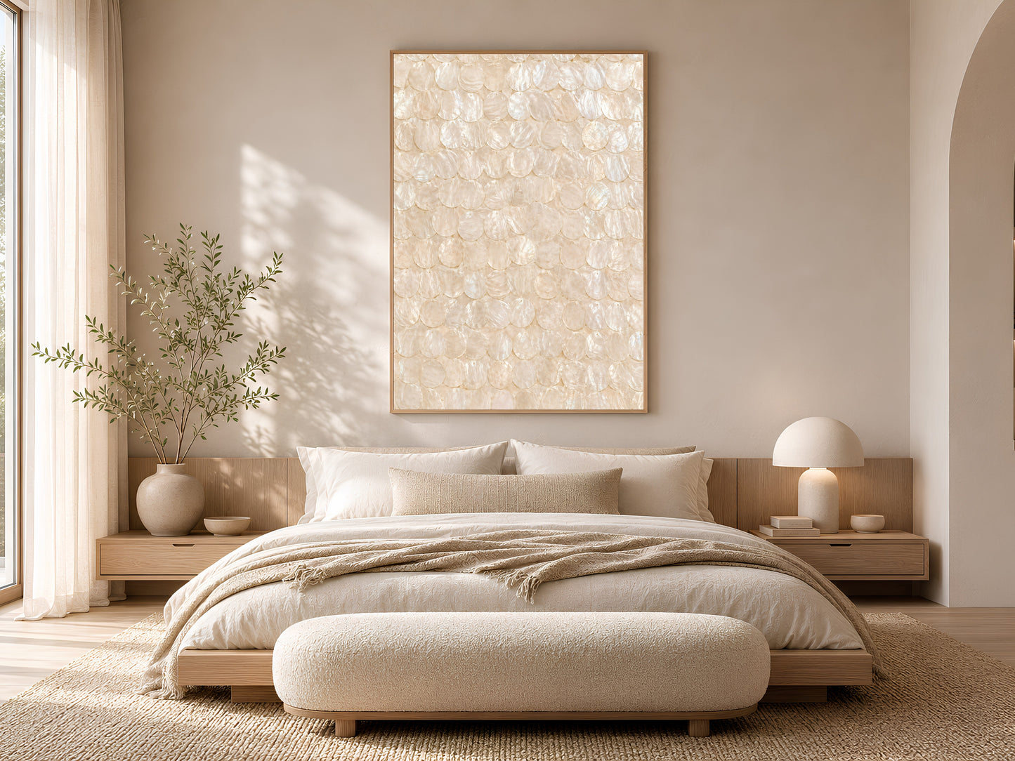 Capiz shell wall art print in a gold frame displayed in a warm neutral bedroom with a low platform bed, linen bedding, warm wood nightstand, and soft natural light
