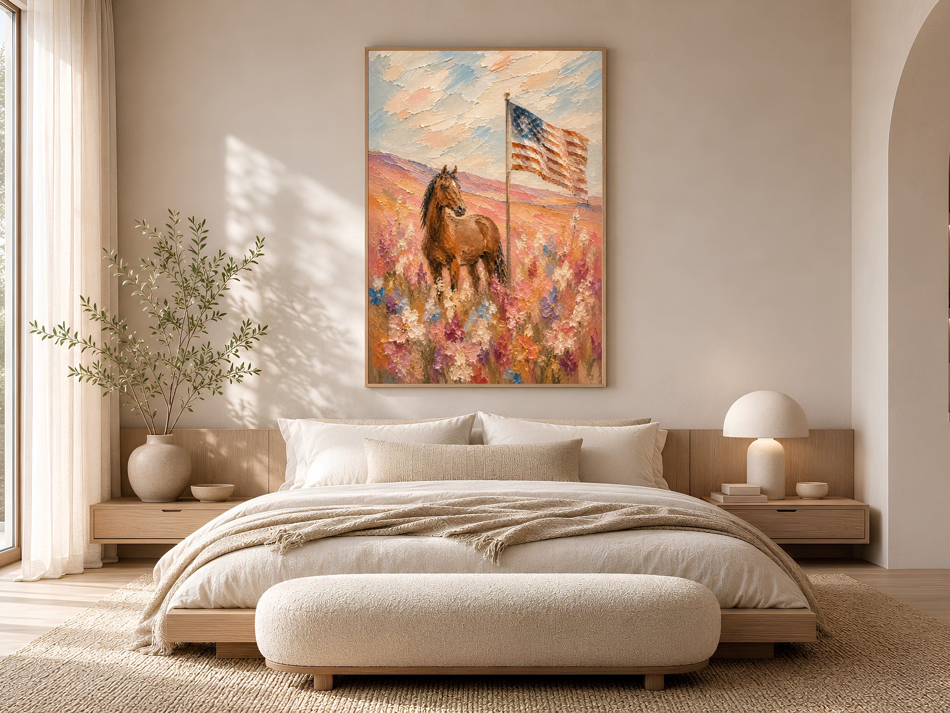 Western patriotic horse and American flag impasto painting in a gold frame displayed in a warm neutral bedroom with a low platform bed, linen bedding, and soft natural light
