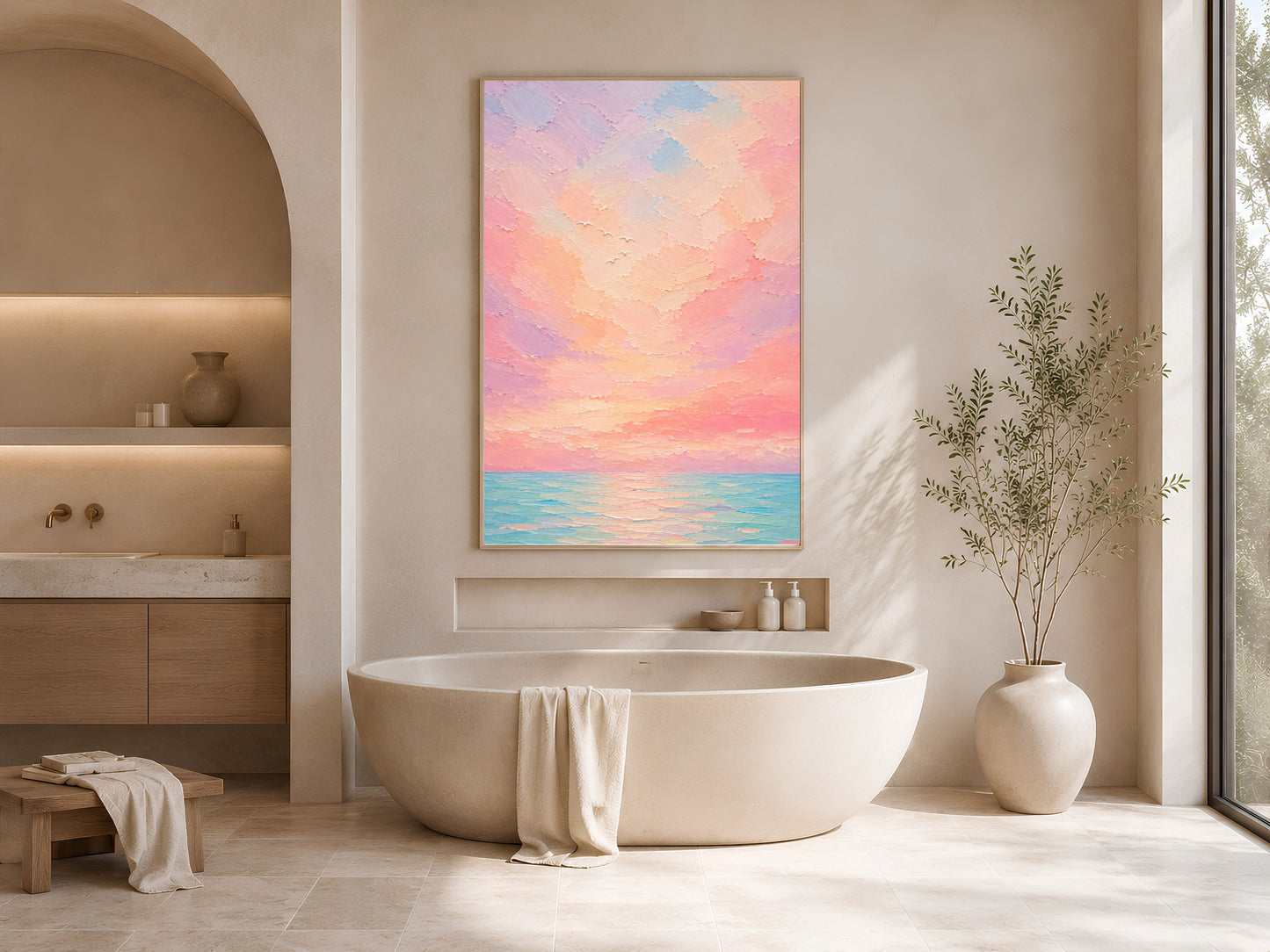 Pastel sunset ocean wall art print framed on a bathroom wall above a freestanding oval tub with dried branches in a vase.
