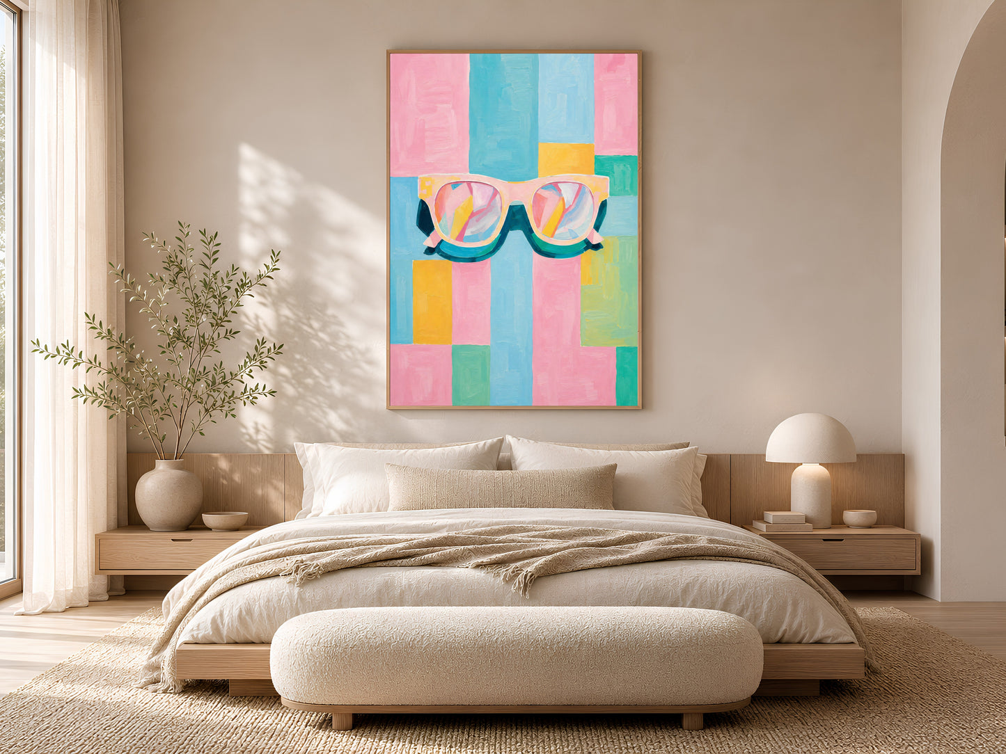 Framed impasto retro sunglasses wall art on warm beige wall above low platform bed in neutral minimal bedroom with cream bedding
