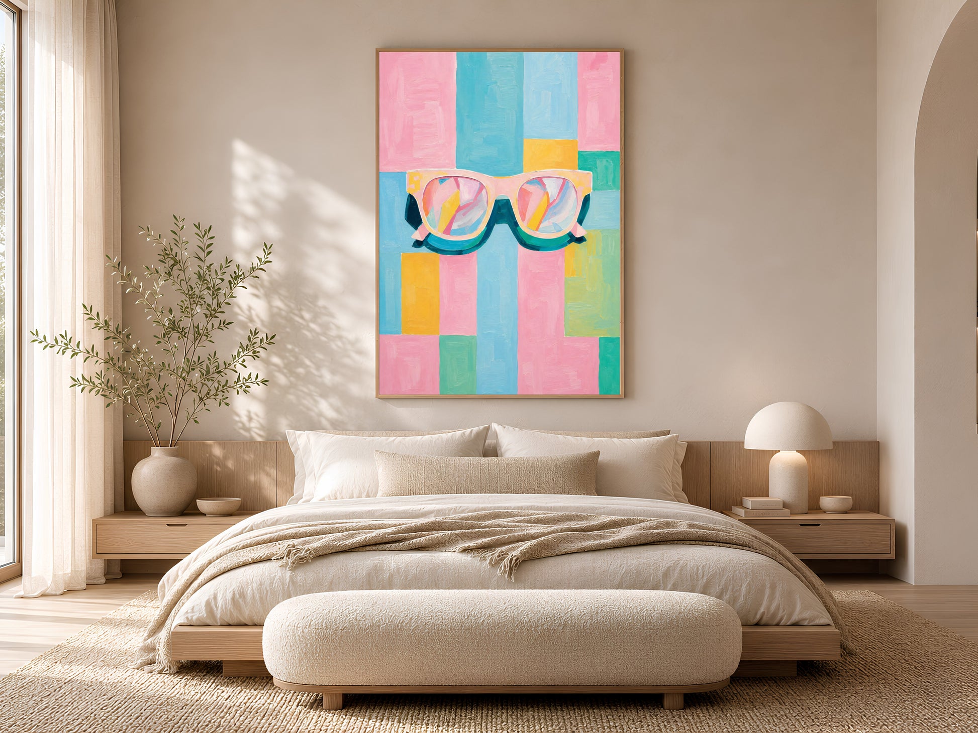 Framed impasto retro sunglasses wall art on warm beige wall above low platform bed in neutral minimal bedroom with cream bedding
