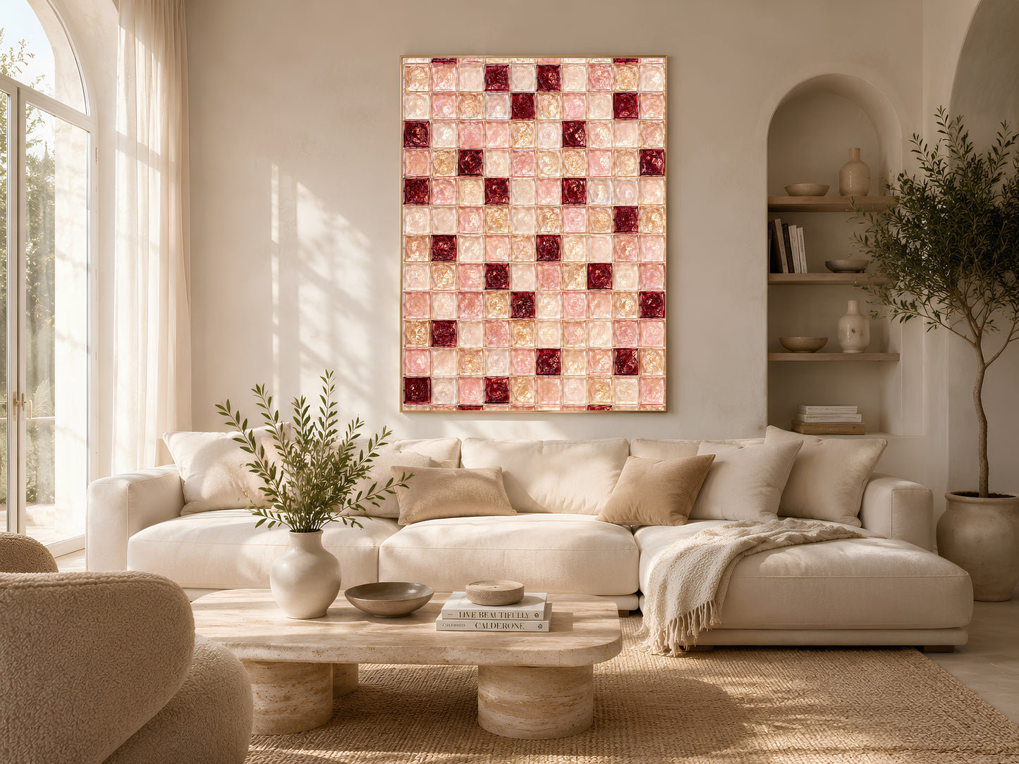 Ruby red and blush mosaic print framed above a cream sofa in a living room