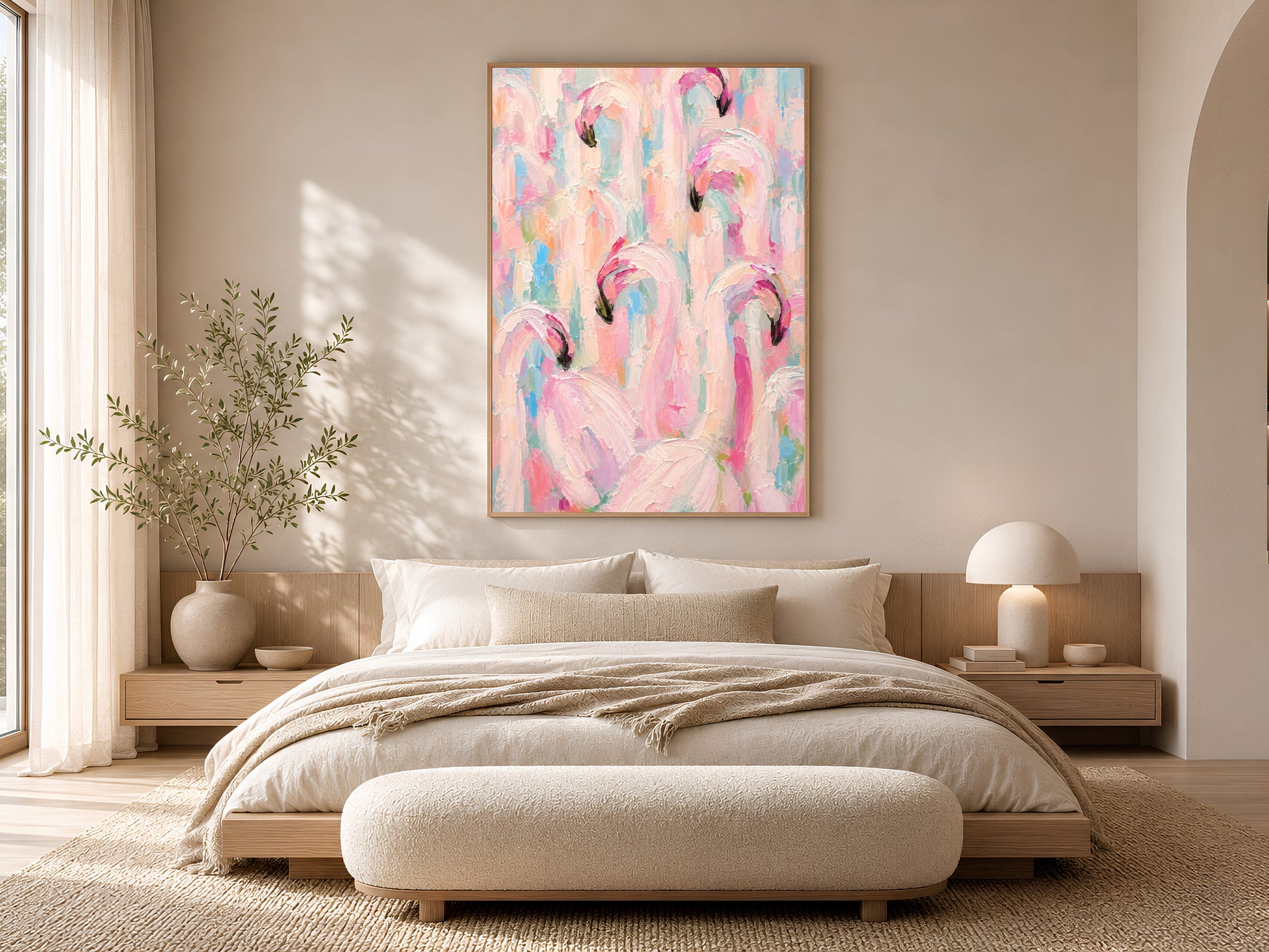 Framed impasto flamingo flock print on warm beige wall above low platform bed in neutral minimal bedroom with cream bedding
