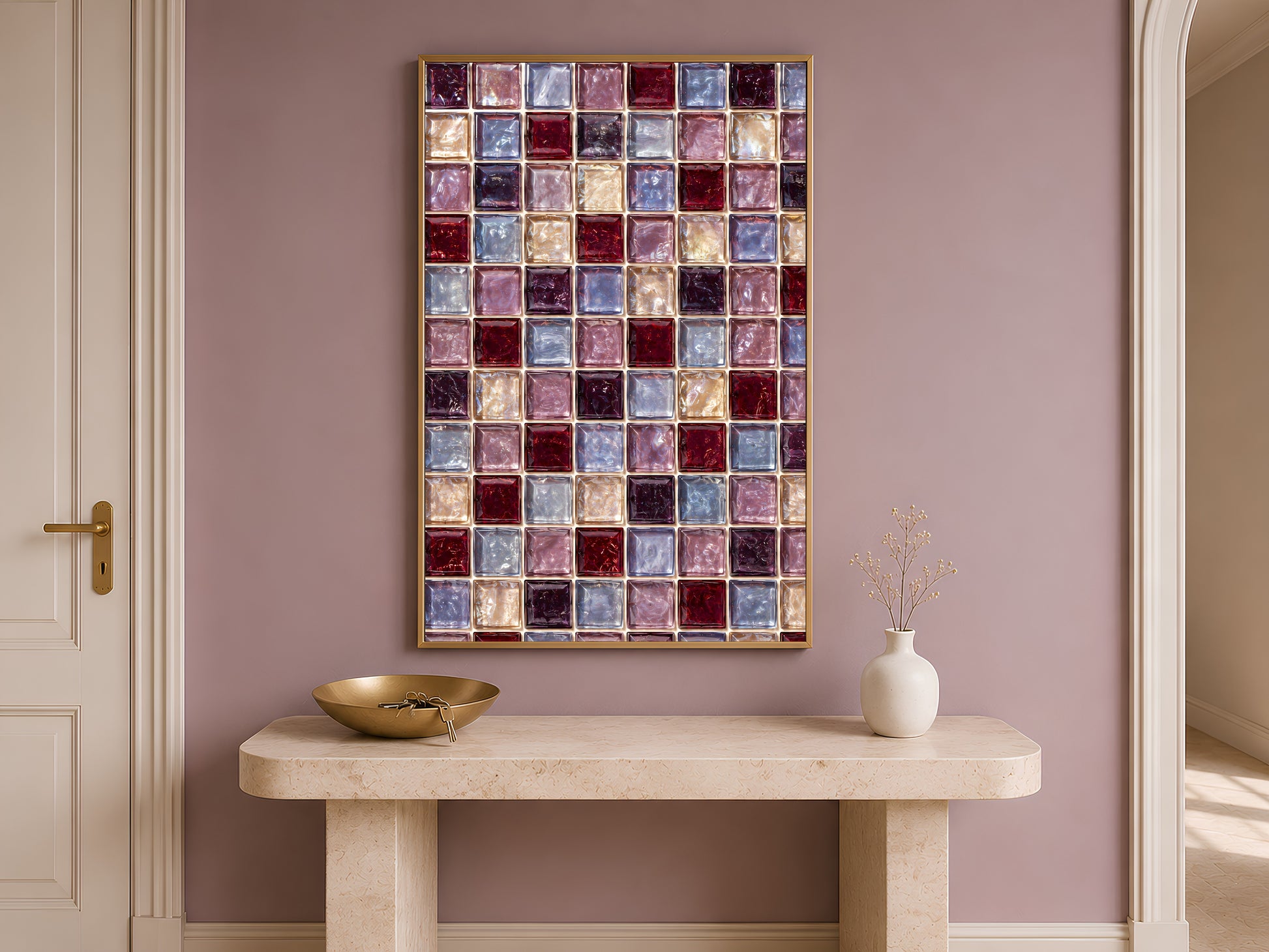 Entryway with the berry jewel tone mosaic print above a console table, styled with a small bowl and vase