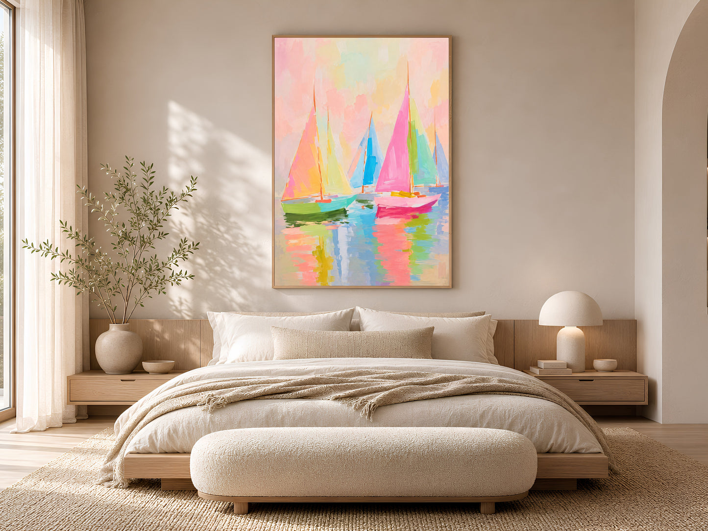 Framed impasto pastel sailboat wall art on warm beige wall above low platform bed in neutral minimal bedroom with cream bedding
