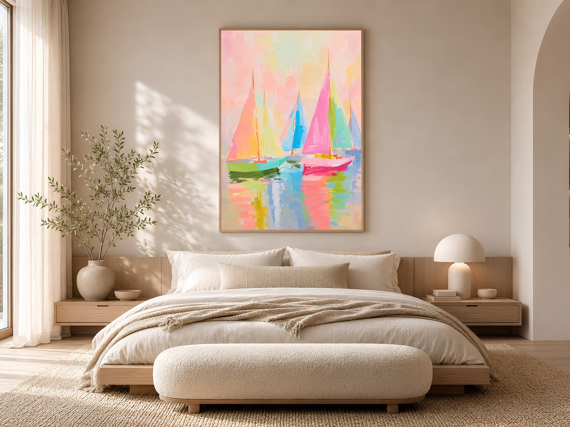 Framed impasto pastel sailboat wall art on warm beige wall above low platform bed in neutral minimal bedroom with cream bedding
