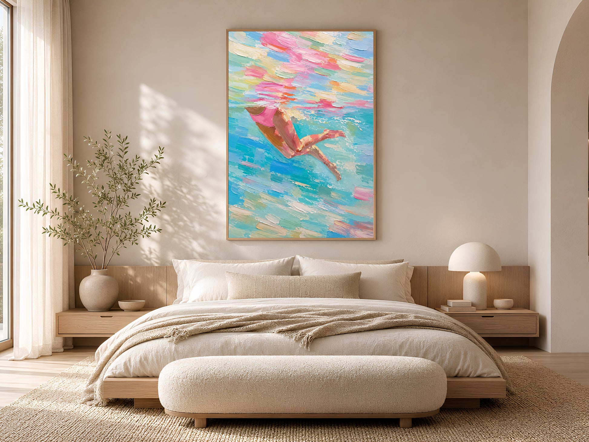 Woman swimmer diving impasto painting in a gold frame displayed in a warm neutral bedroom with a low platform bed, linen bedding, and soft natural light

