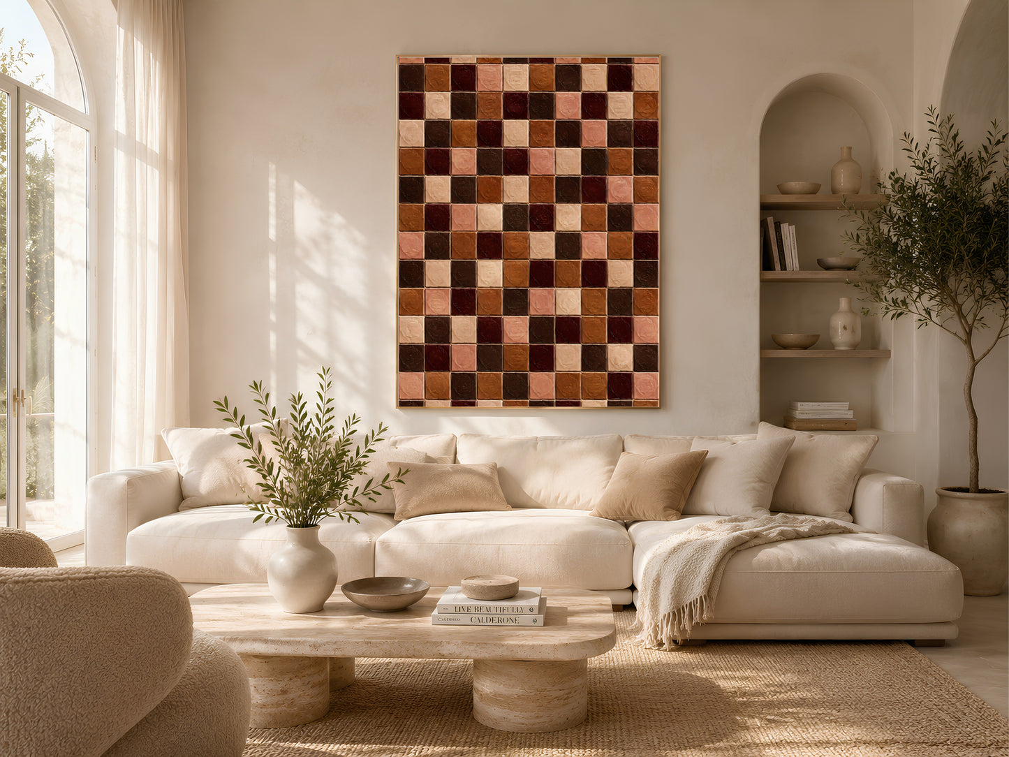 Terracotta and chocolate checkerboard print framed above a cream sofa in a living room