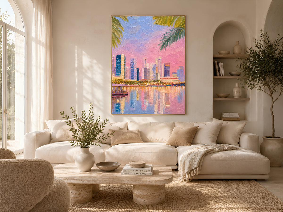 Tropical city skyline wall art with palm leaves above a neutral boucle sofa