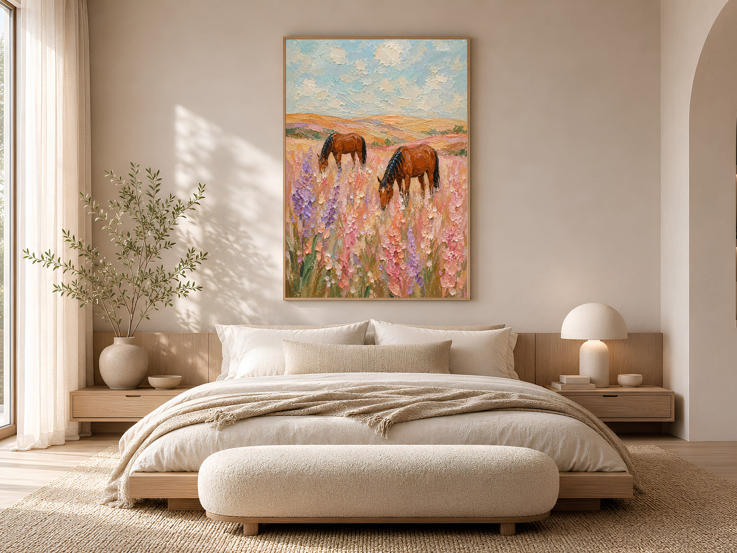 Two chestnut horses grazing in a pink and lavender wildflower field impasto painting in a gold frame above a bed in a bright Scandinavian bedroom with linen bedding and warm natural light
