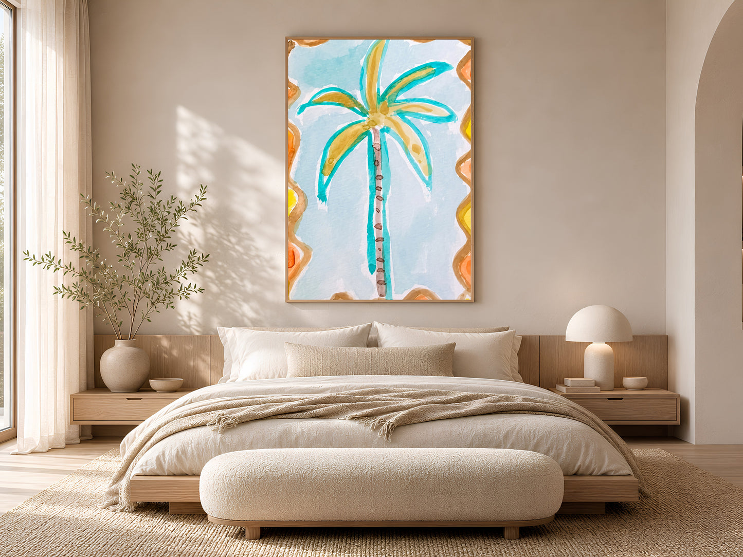 Retro palm tree wall art in a gold frame displayed in a warm beige bedroom with a low platform bed, linen bedding, and soft natural light
