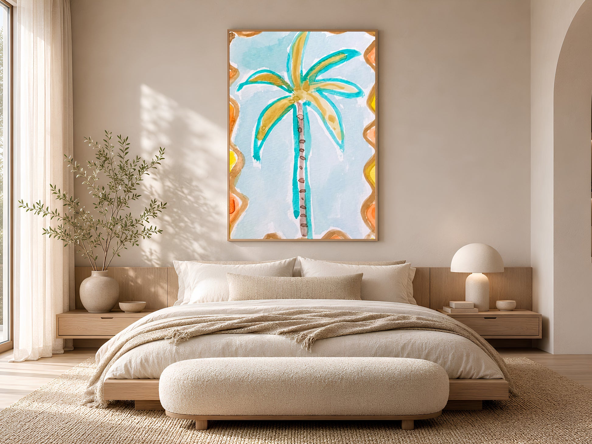 Retro palm tree wall art in a gold frame displayed in a warm beige bedroom with a low platform bed, linen bedding, and soft natural light
