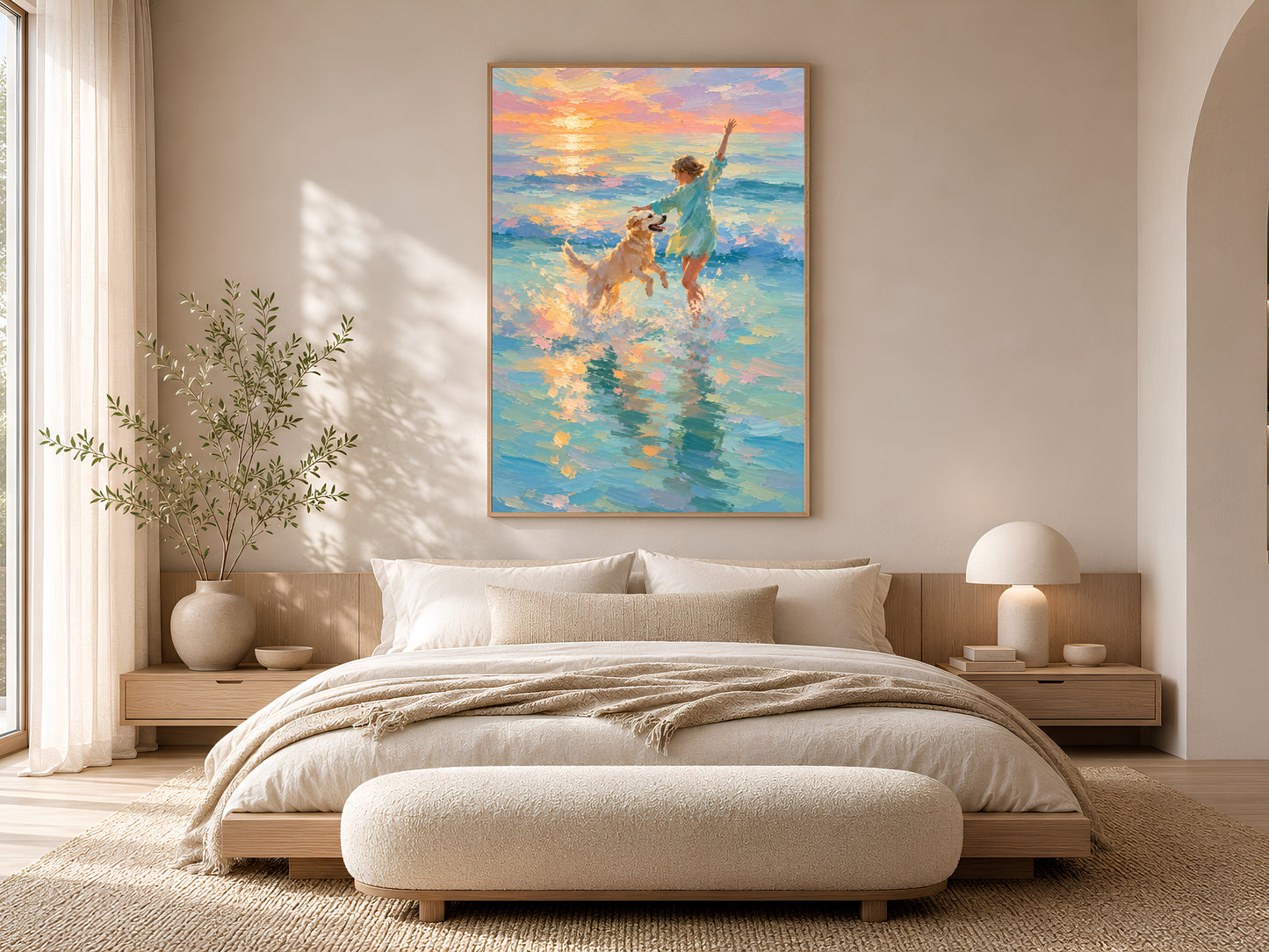 Girl and golden retriever beach sunset impasto painting in a gold frame displayed in a warm neutral bedroom with a low platform bed, linen bedding, bedside lamp, and soft natural light
