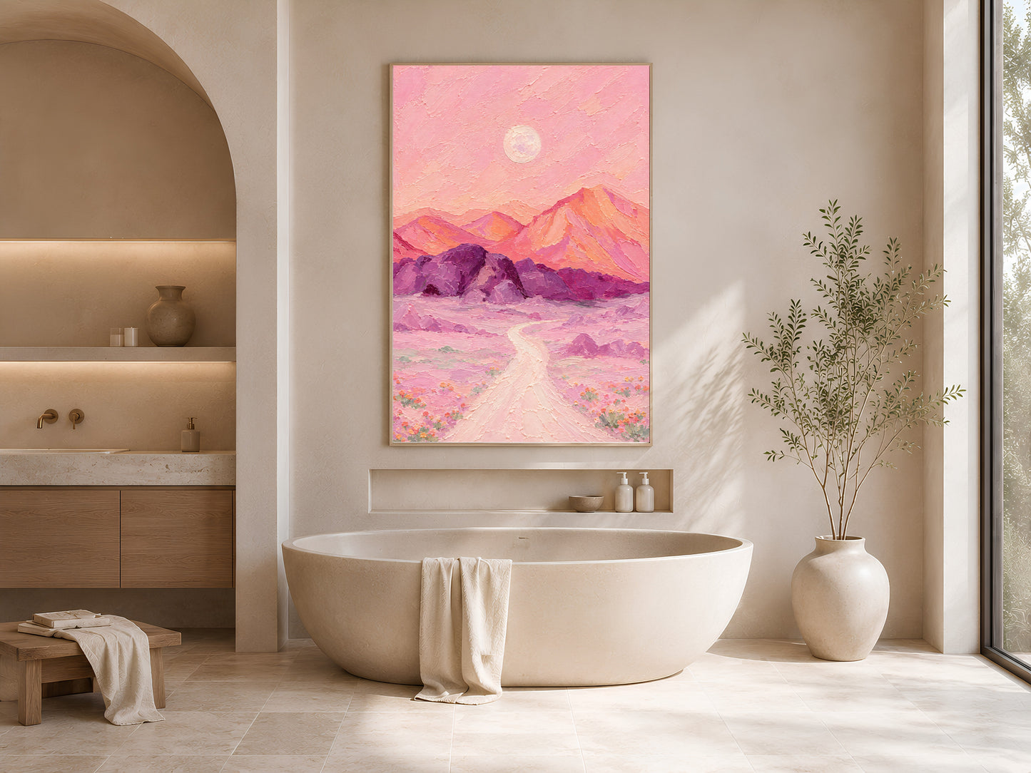 Pink desert moon wall art print framed above a freestanding tub in a neutral spa-style bathroom.
