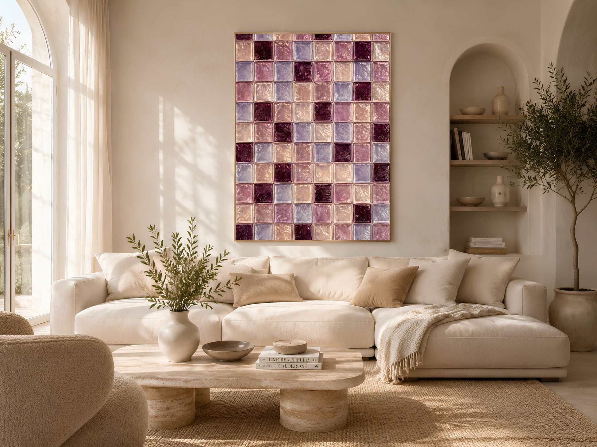 Plum and lavender checkerboard print framed above a cream sofa in a living room