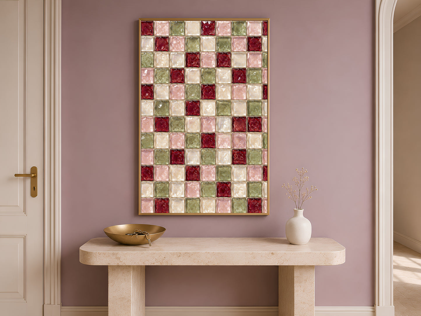 Christmas Mosaic Wall Art, Red Green Glass Tile Print - Digital Download