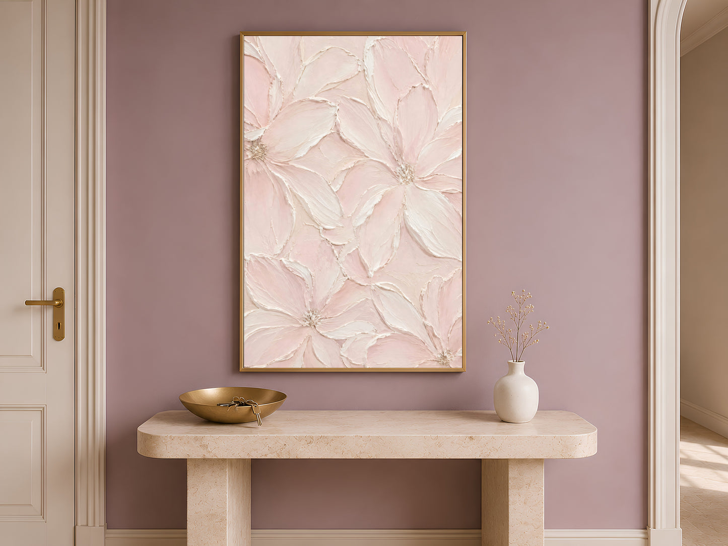 Blush pink floral wall art above console table, entryway decor mockup