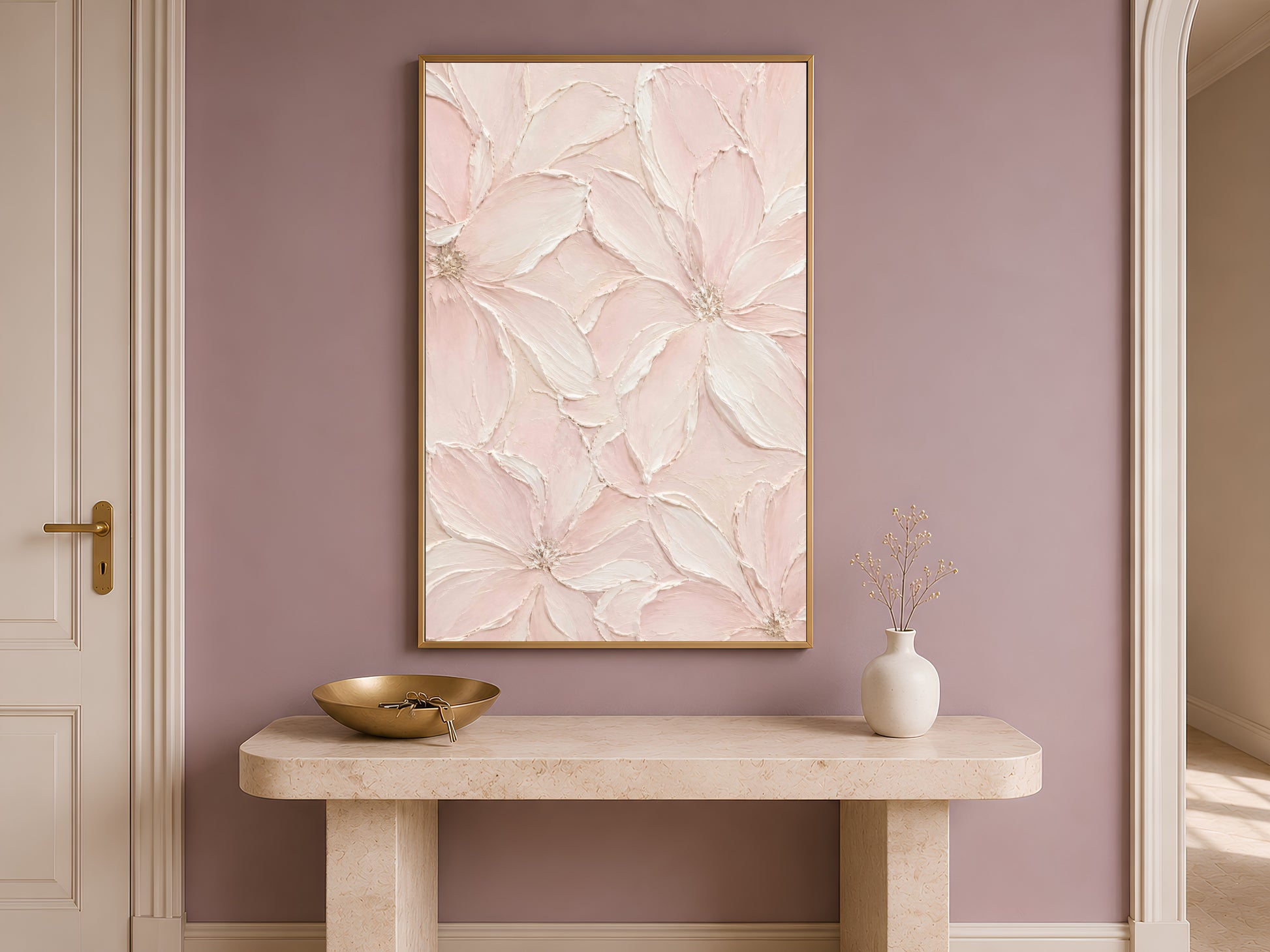 Blush pink floral wall art above console table, entryway decor mockup