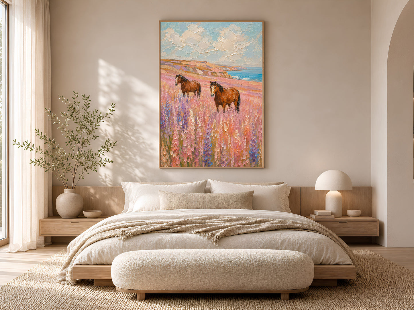 Two chestnut horses in a lavender and pink wildflower coastal meadow impasto painting in a gold frame displayed in a warm neutral bedroom with a low platform bed, linen bedding, and soft natural light
