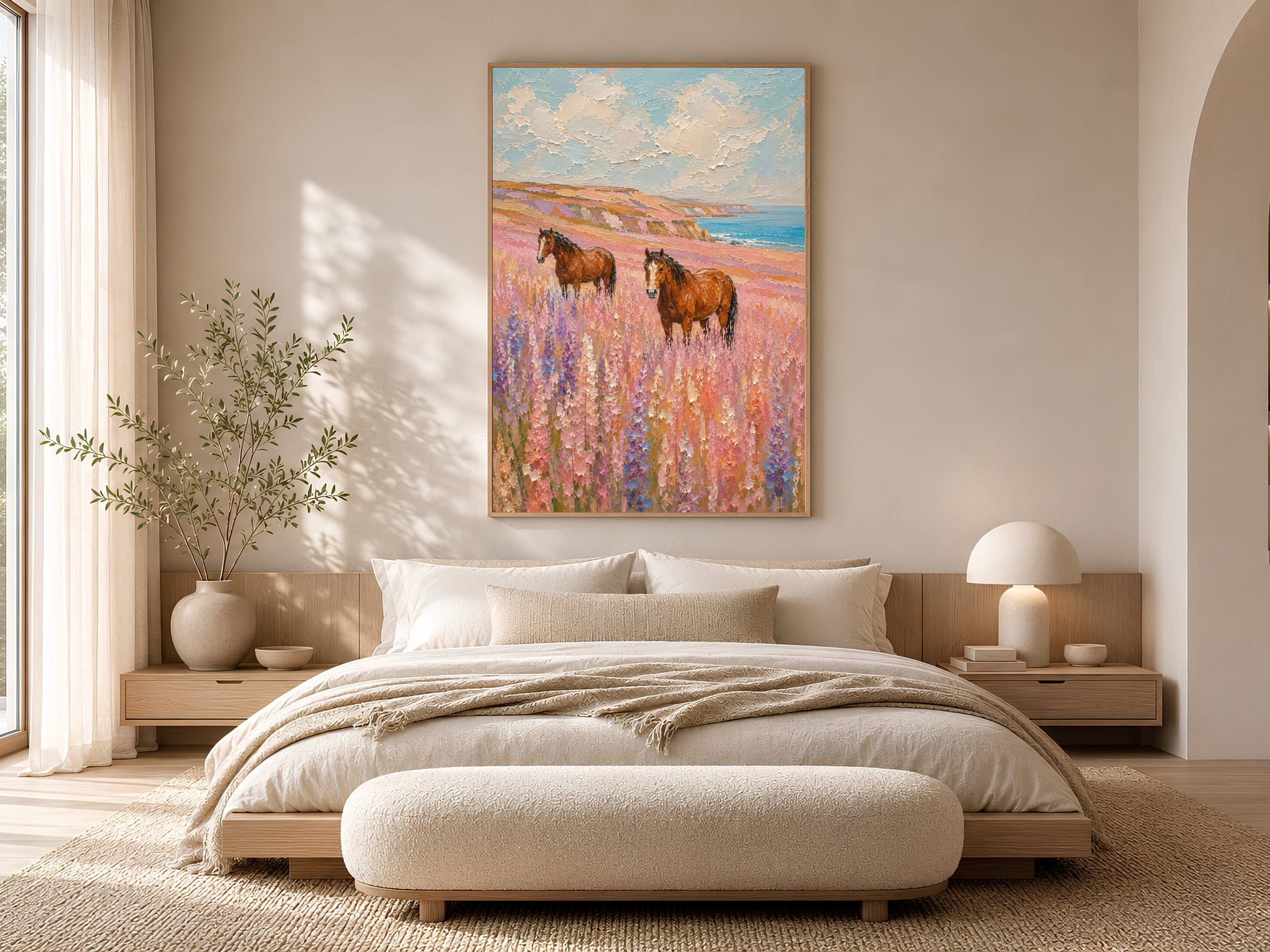Two chestnut horses in a lavender and pink wildflower coastal meadow impasto painting in a gold frame displayed in a warm neutral bedroom with a low platform bed, linen bedding, and soft natural light
