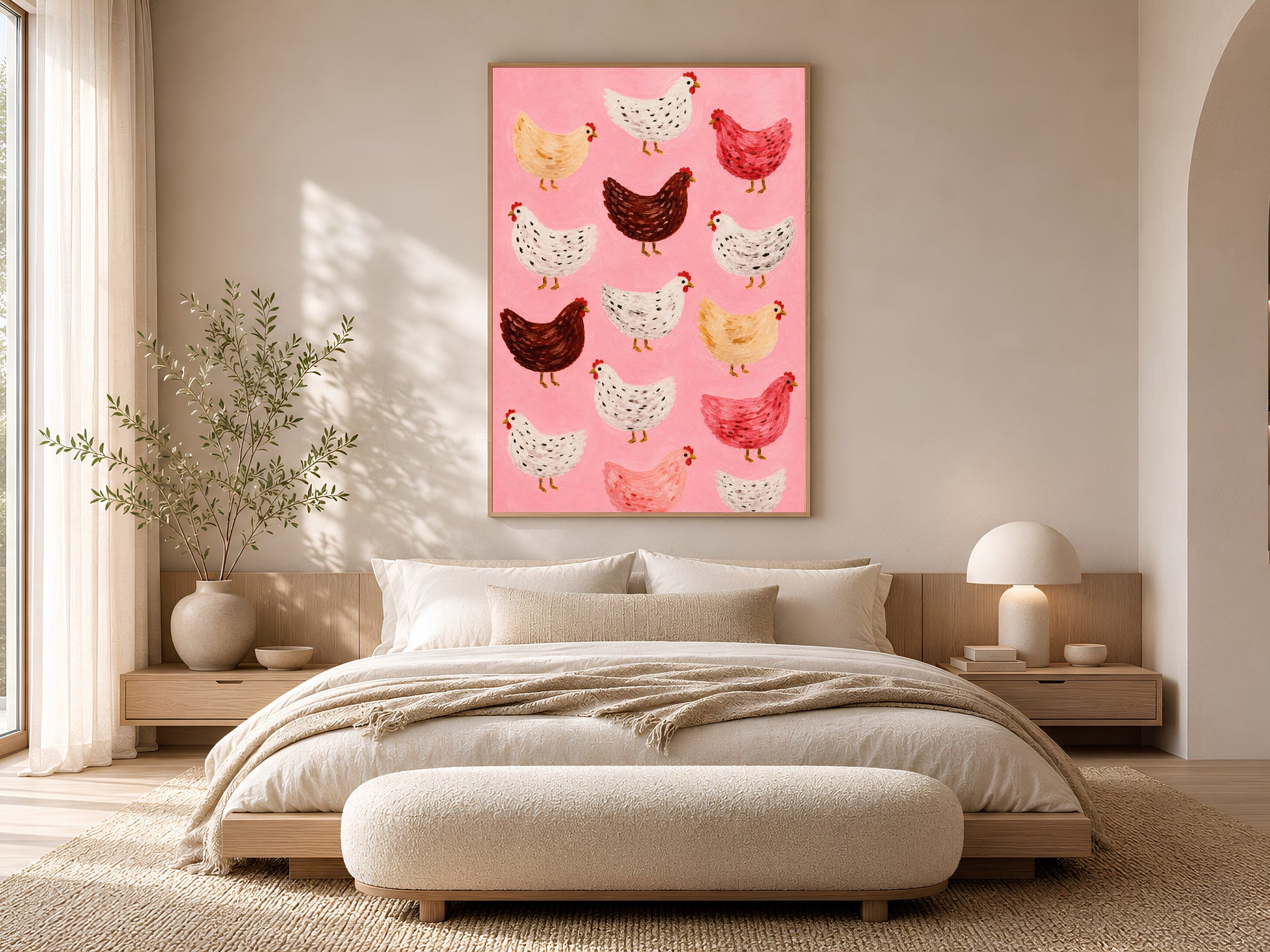 Framed impasto flock of chickens print on warm white wall above low platform bed in neutral minimal bedroom with cream bedding

