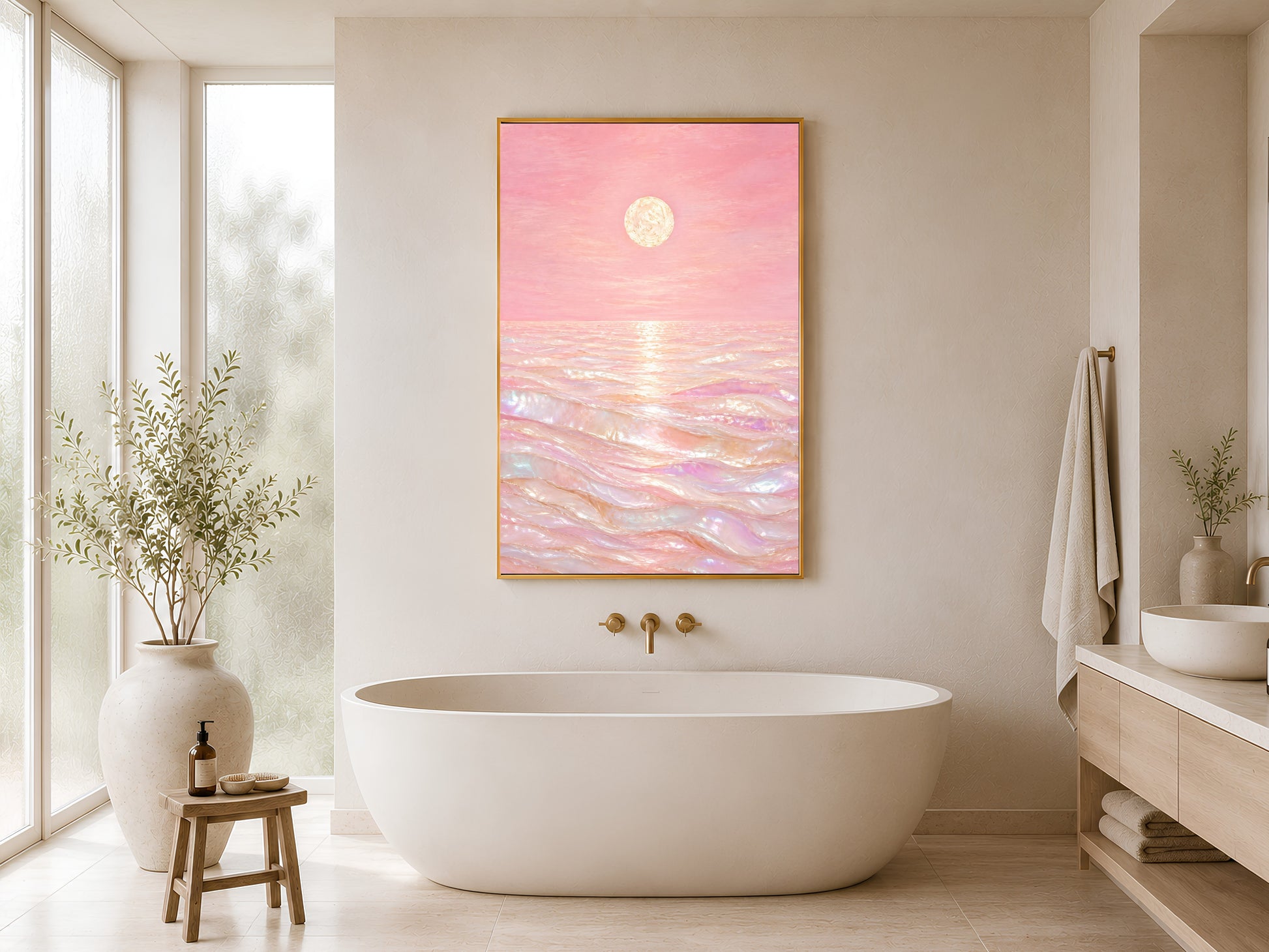 Pink capiz shell ocean wall art framed above bathtub in sunlit bathroom with window
