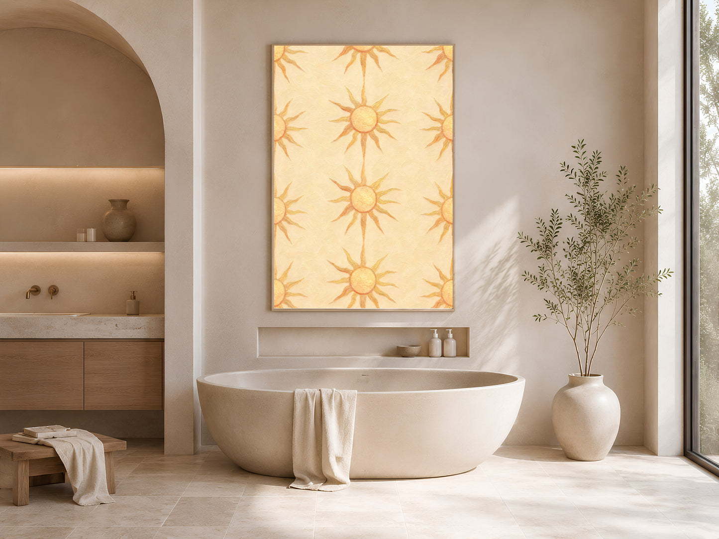 Boho sun wall art print framed on a bathroom wall above a freestanding oval tub with a wood vanity and dried branches in a vase.
