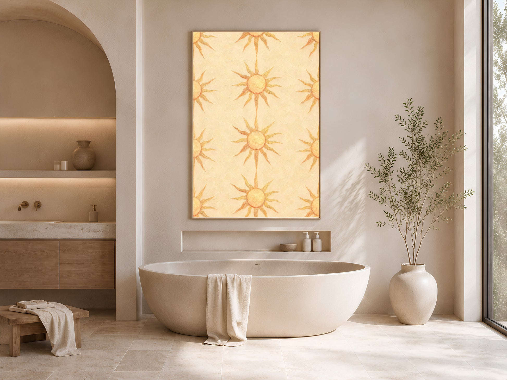 Boho sun wall art print framed on a bathroom wall above a freestanding oval tub with a wood vanity and dried branches in a vase.
