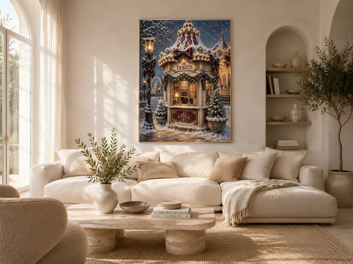 Christmas ticket booth print framed above a curved boucle sofa in a warm neutral living room
