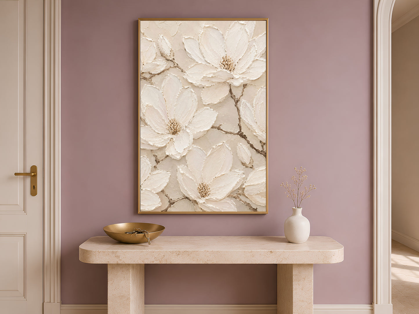 Ivory magnolia wall art above console table, mauve entryway decor mockup