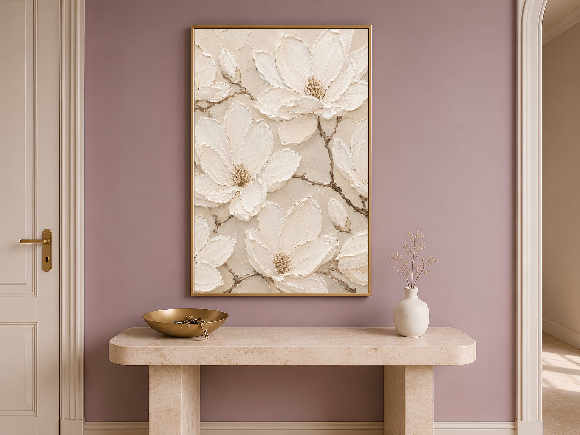 Ivory magnolia wall art above console table, mauve entryway decor mockup
